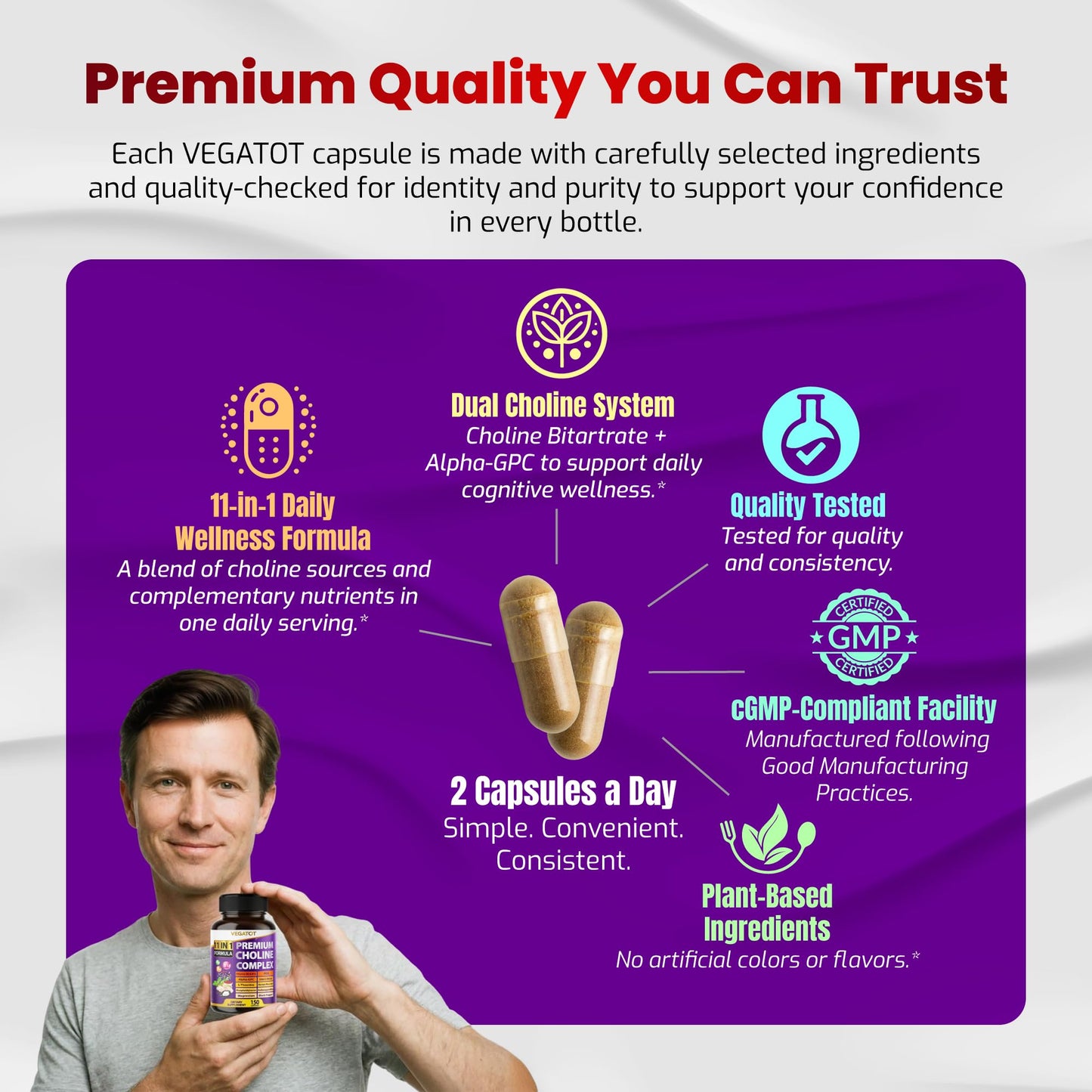 VEGATOT Ultra Organic Choline Complex 10-in-1 Formula Capsule, 150 Count