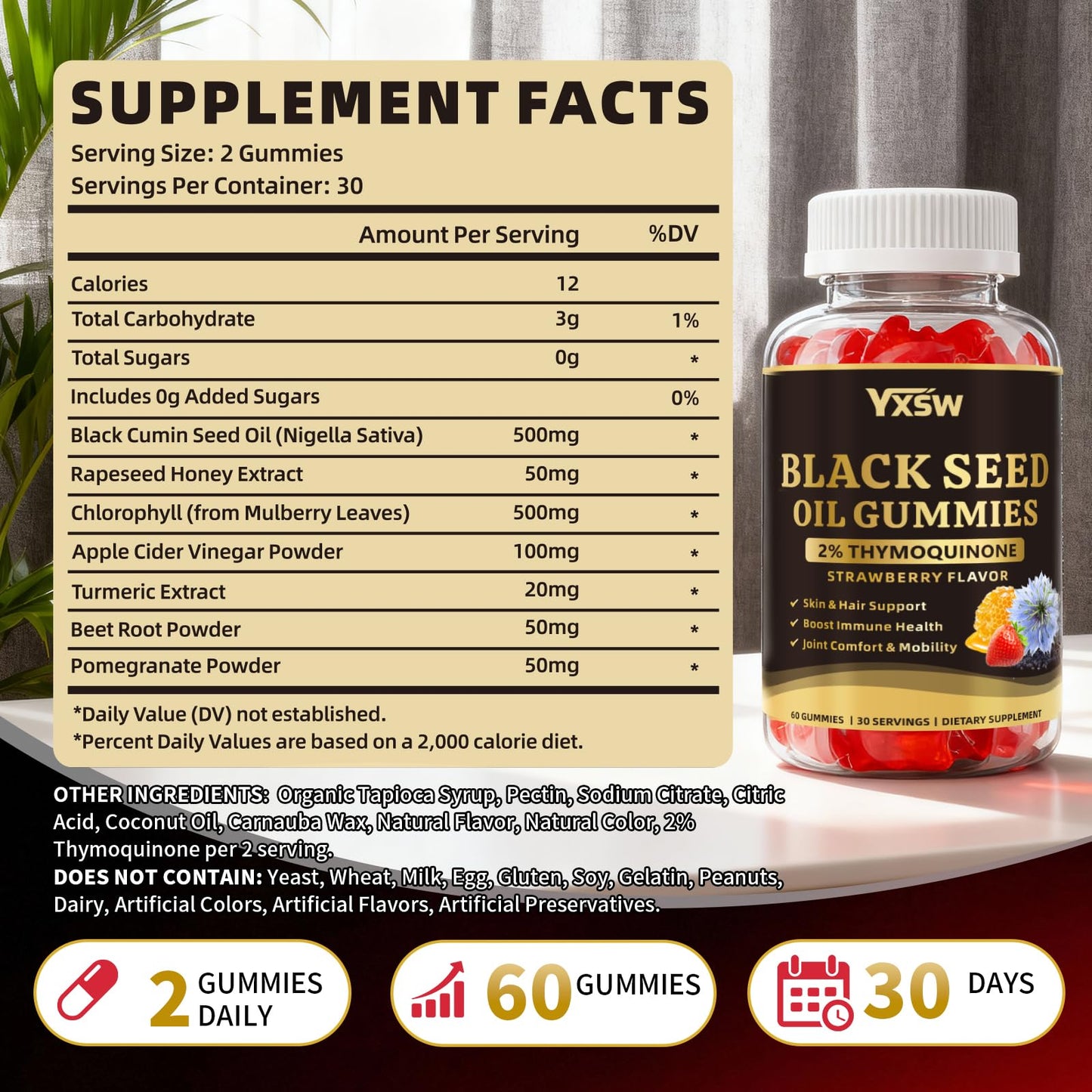 YXSW Black Seed Oil Gummies 500mg with Honey and 2% Thymoquinone, Nigella Sativa Seeds, 60 Count