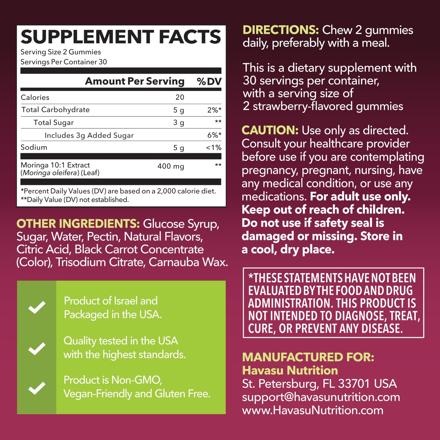 HAVASU NUTRITION Moringa Gummies 400mg Per Serving, Green Superfood Supplement, 60 Count