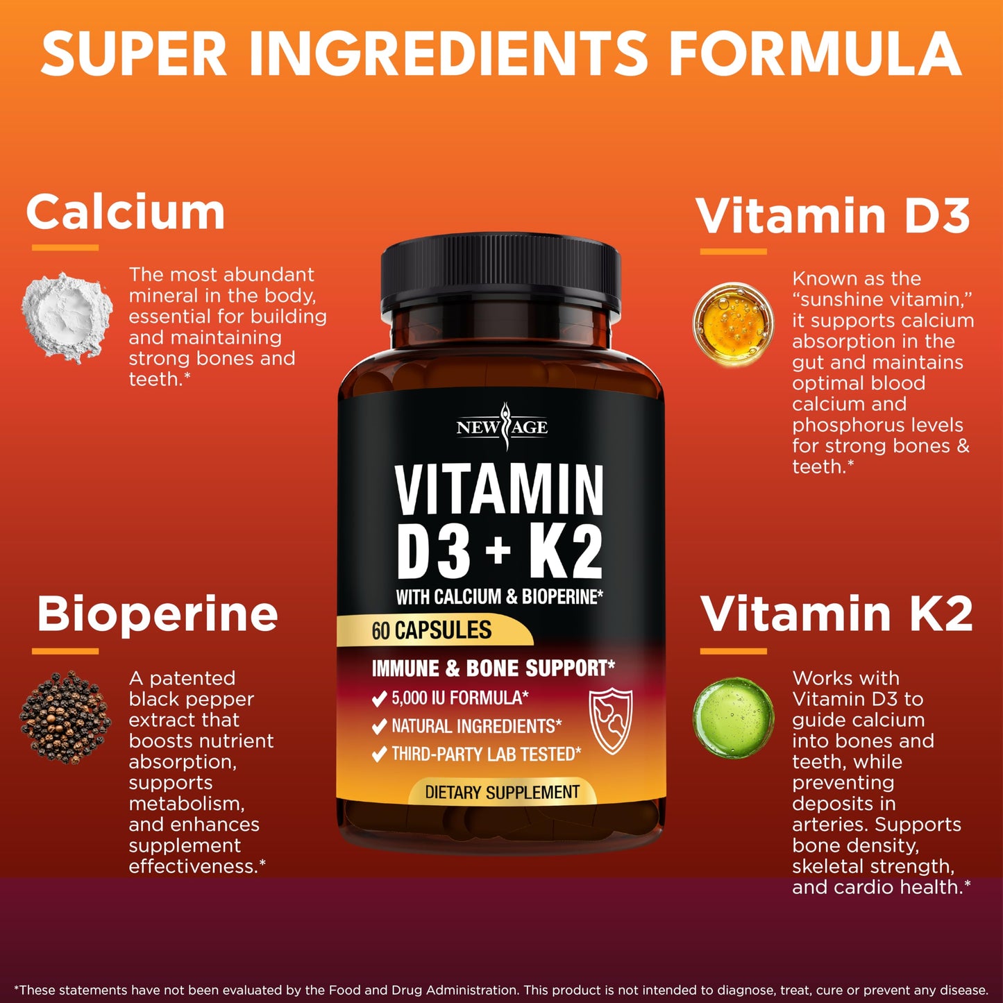 NEW AGE Vitamin D3 5,000 IU + K2 MK-7 100 mcg - 2-in-1 Bone, Immune & Heart Support Capsules, 120 Capsules