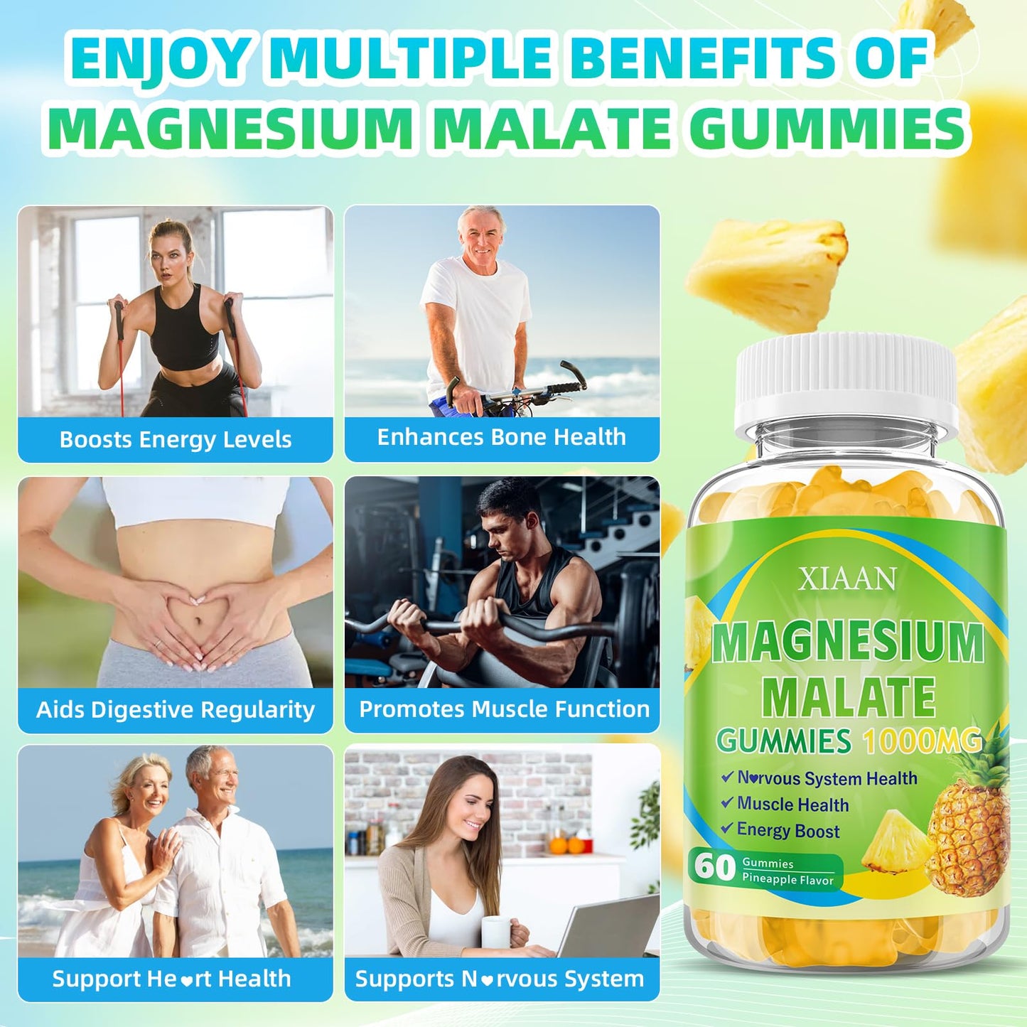 XIAAN Magnesium Malate Gummies 1000mg, 60 Count