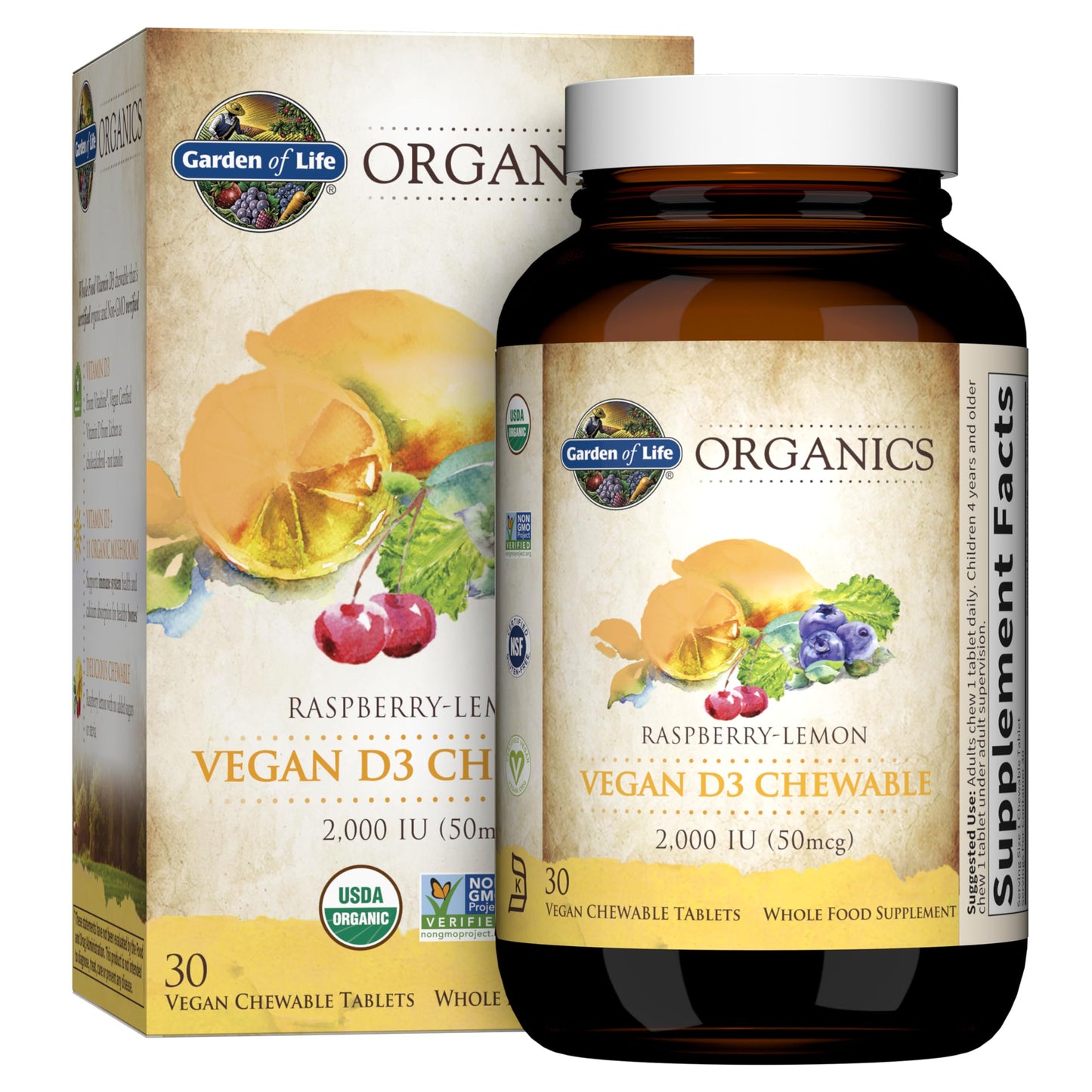 Garden of Life Organics Vegan Vitamin D3 Chewable Raspberry Lemon 2000 IU + Zinc 30 mg Raw Zinc Vitamin C Immune Health, 90 Chewables