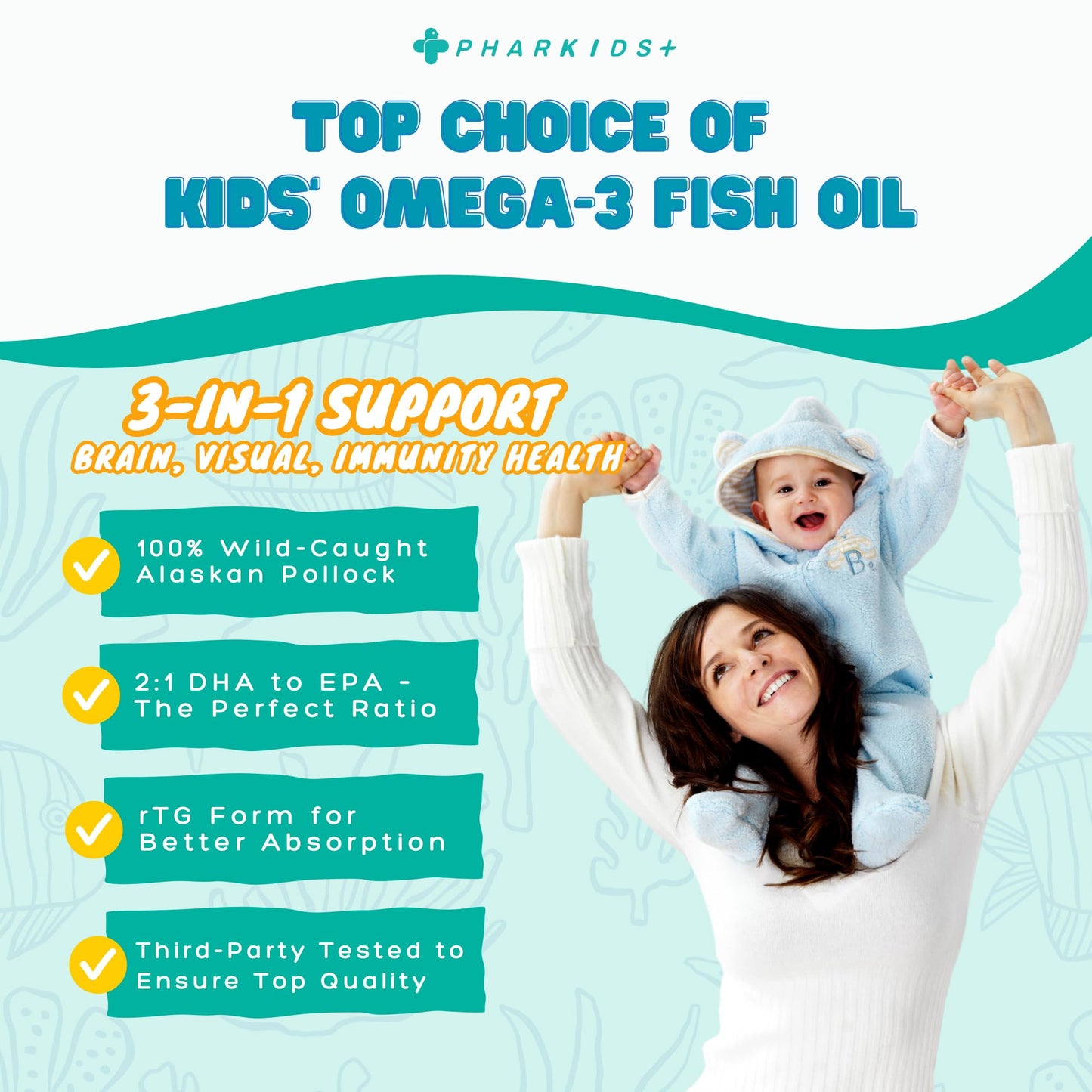 PHARGOODS+ Kids' Fish Oil 272mg Omega-3 DHA & EPA for Brain, Vision & Immune Support Orange Flavor Fish-Shaped Soft Gels, 60 Servings