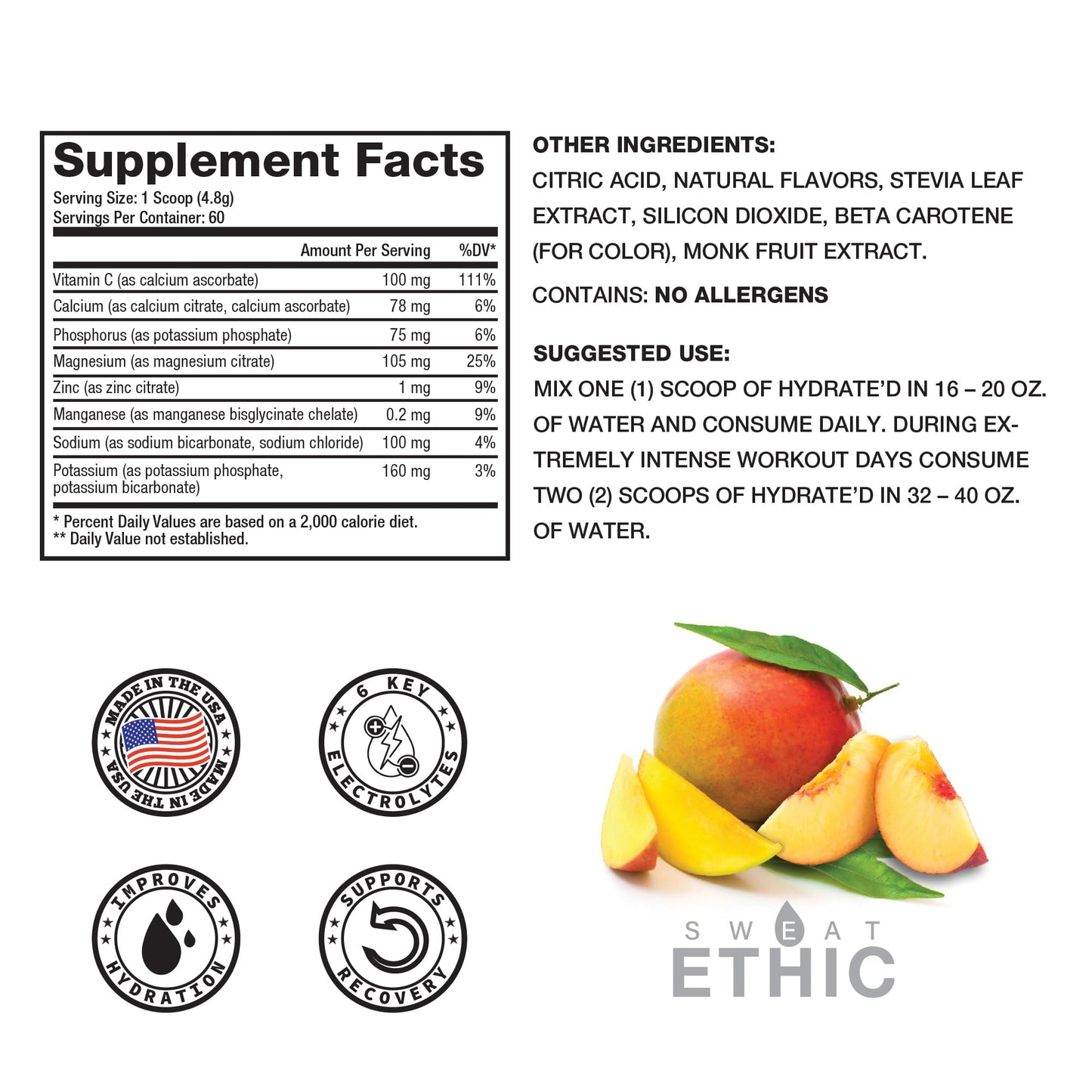 Sweat Ethic Hydrate’D Electrolytes Powder, Peach Mango Flavor, 12