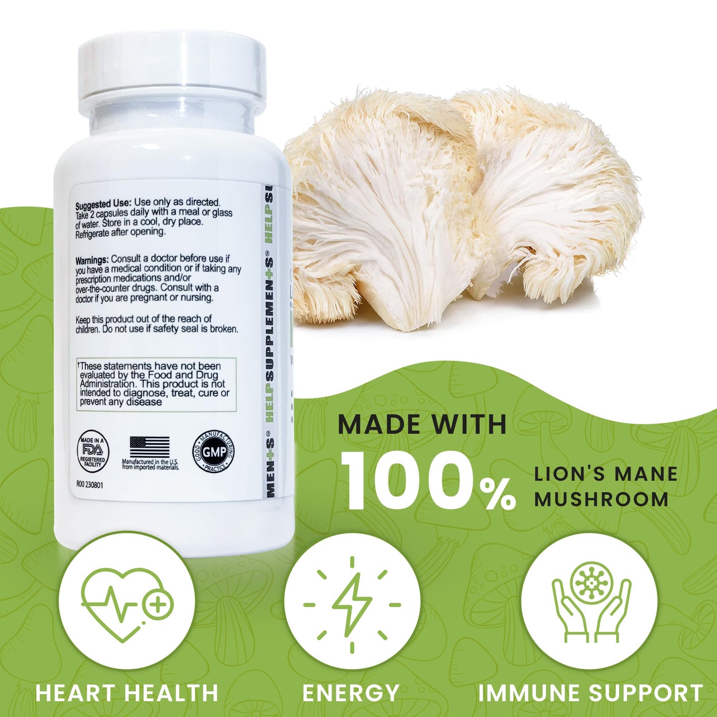 Help Supplements Organic Lion's Mane Mushroom Capsules, 1000mg Lion's Mane Powder Extract, 60 Capsules