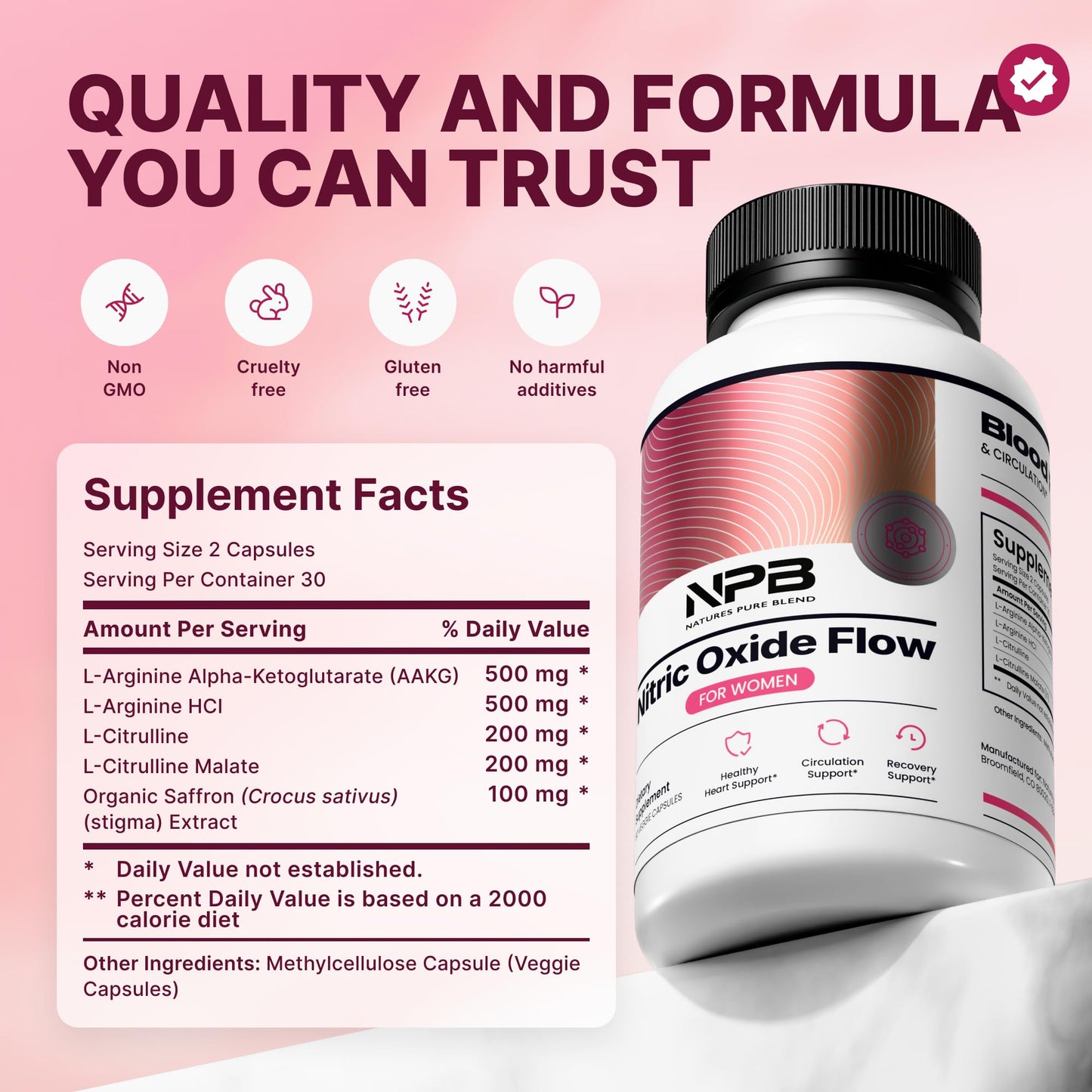 Nature's Pure Blend Nitric Oxide Supplements for Women L-Arginine L-Citrulline 1500mg, Capsule, 60 Count
