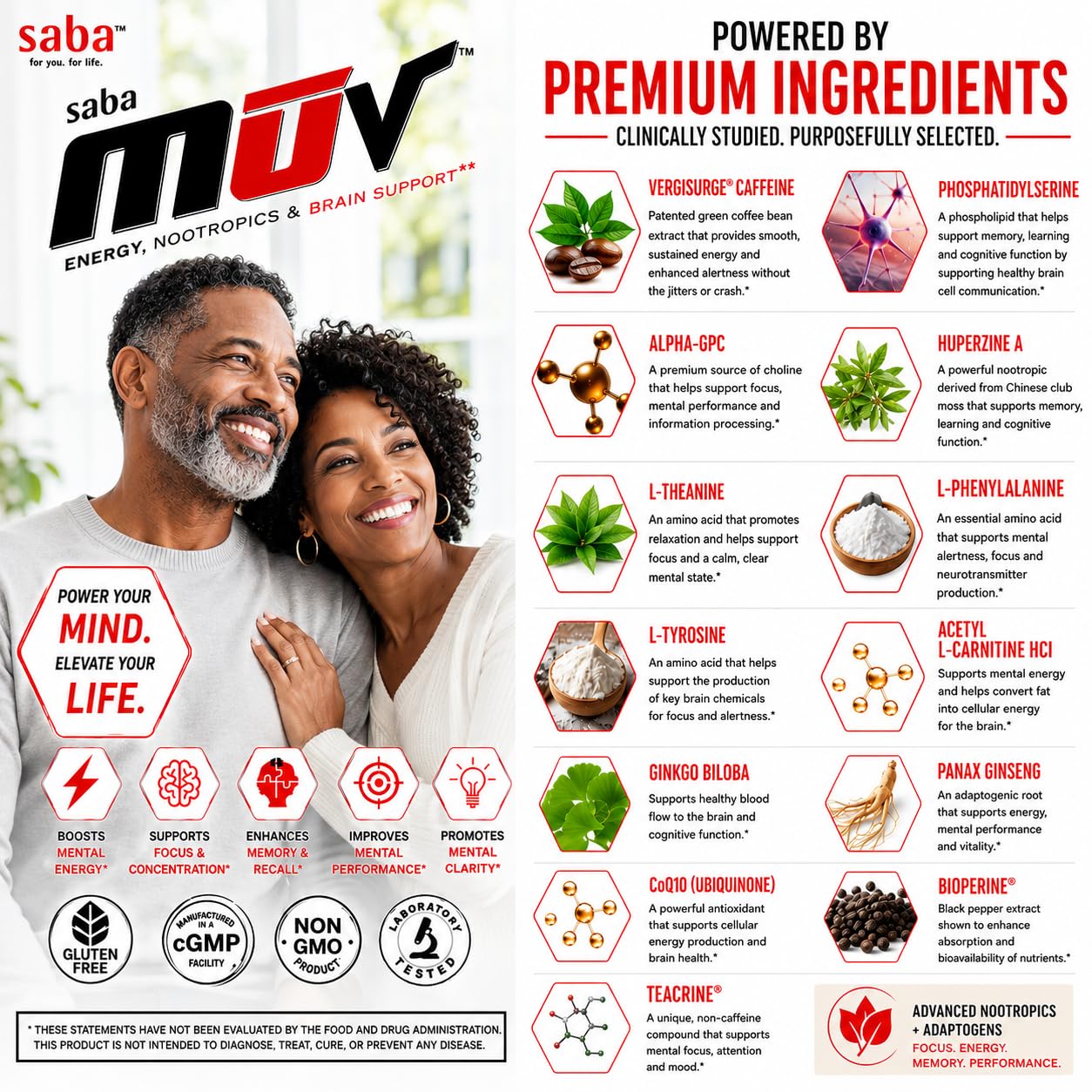 Saba MUV™ Nootropic Brain Supplement for Memory, Focus & Energy | Phosphatidylserine, VegiSurge®, Alpha GPC, Vitamins B6, B12 & Folic Acid | Mental Clarity & Brain Health Support, 60 Capsules