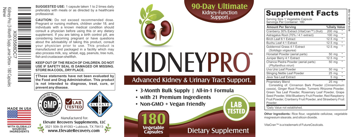 Elevate Recovery Supplements Kidney-Pro Capsules 180 Count