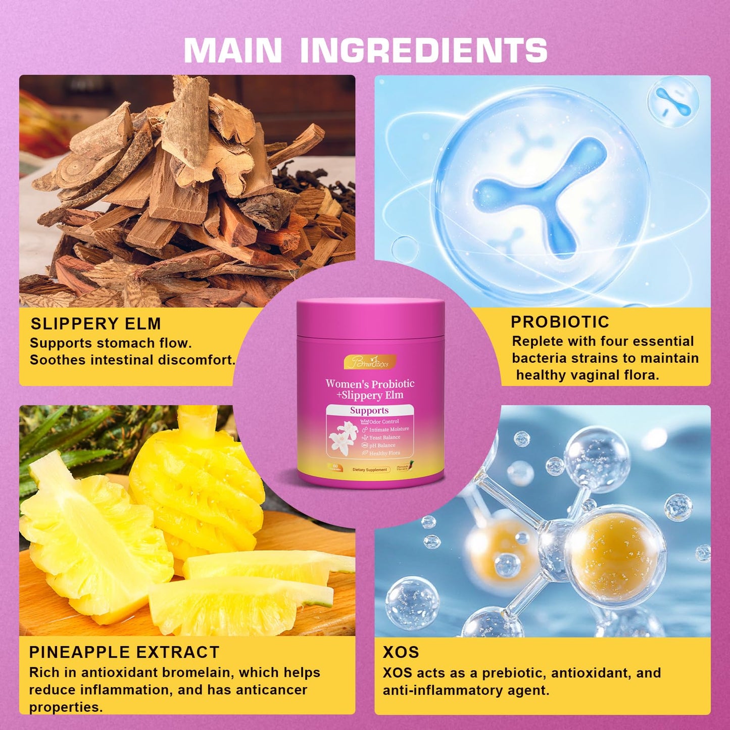 Brurtzexs Her Juicy Feminine Probiotics Gummies for Women with Slippery Elm - Pineapple Flavor, pH Balance & Immune Health Support - Digestive & Feminine Support - Vegan Supplement, 60 Gummies