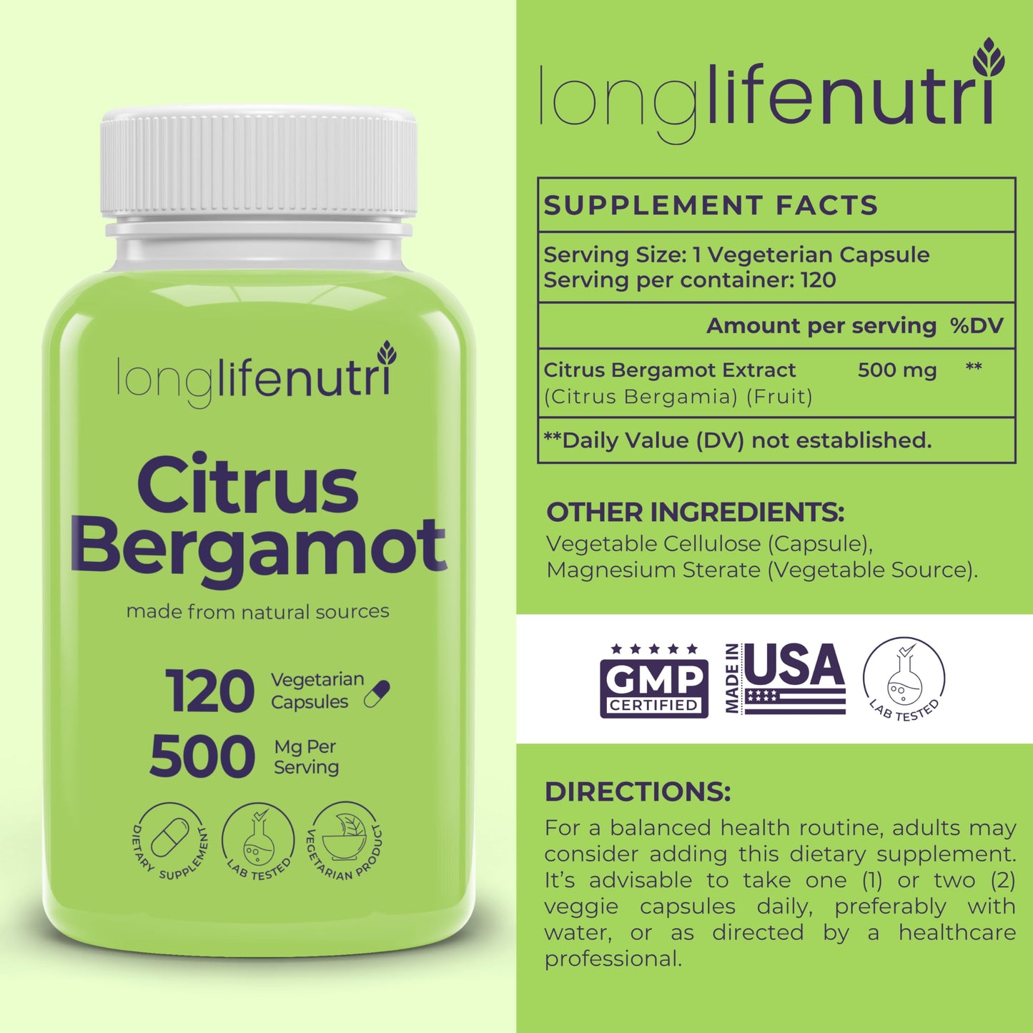 LongLifeNutri Citrus Bergamot Extract 500mg Capsules 120 Count