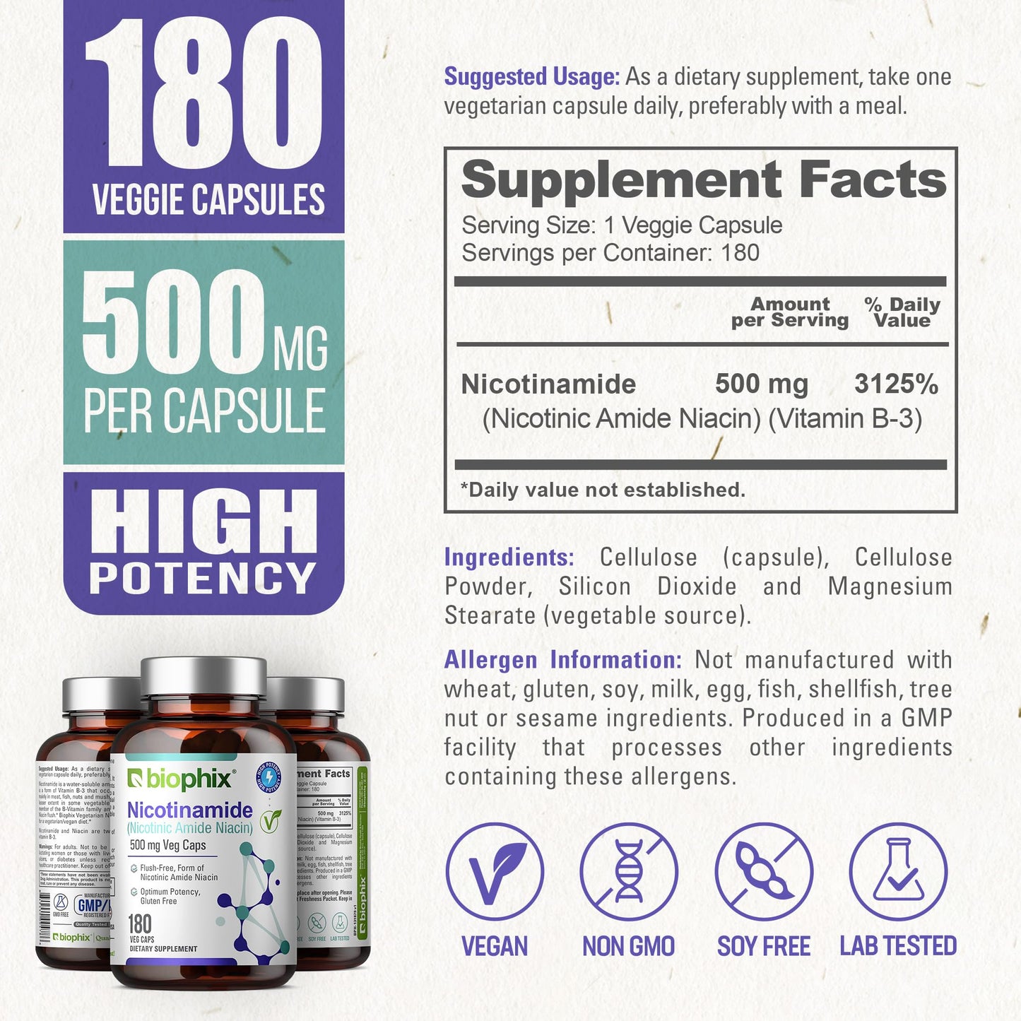 biophix B-3 Nicotinamide 500 mg 180 Capsules