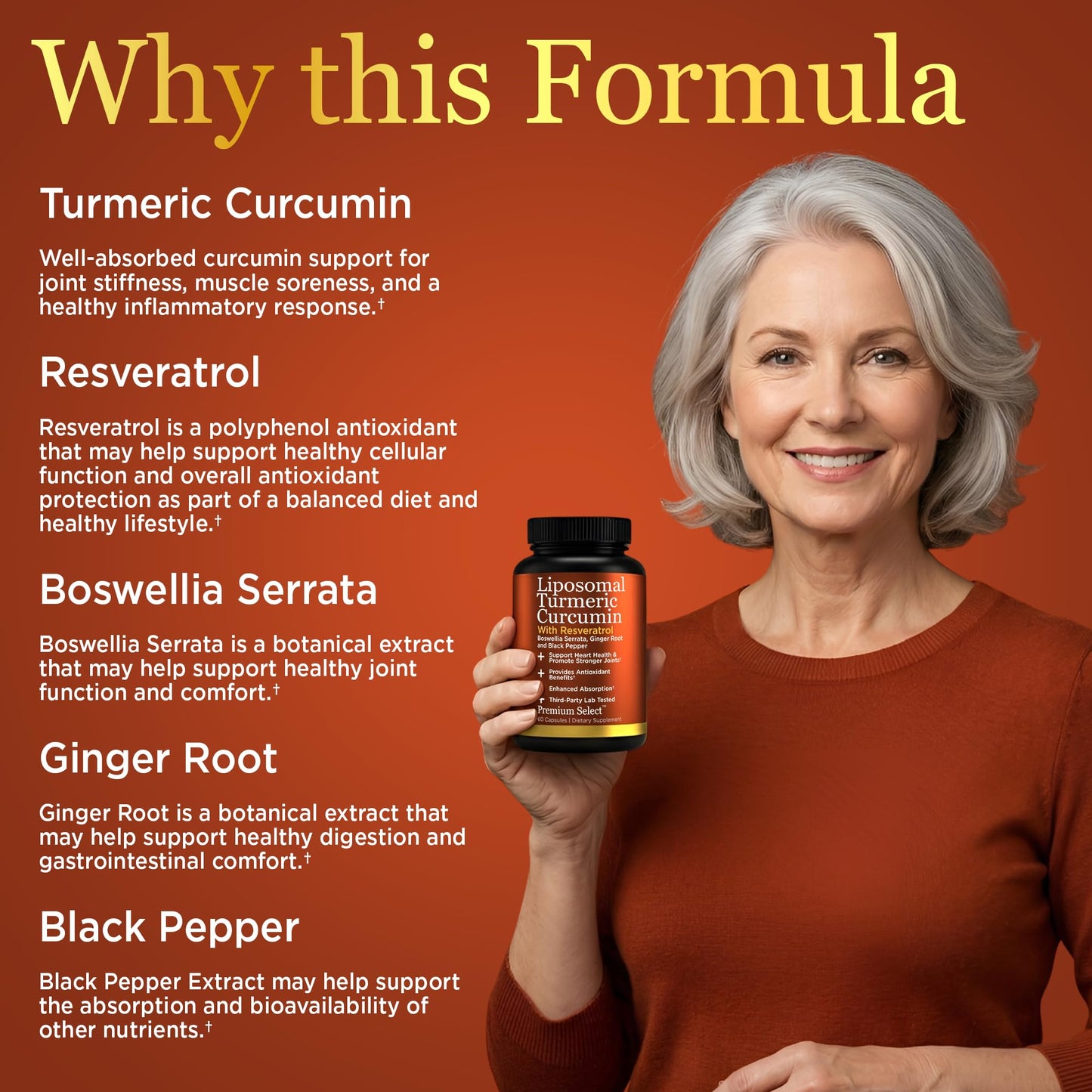 Premium Select Nutrition Liposomal Curcumin Capsules with Resveratrol, Boswellia Serrata, Turmeric and Ginger, Enhanced Absorption, 60 Count