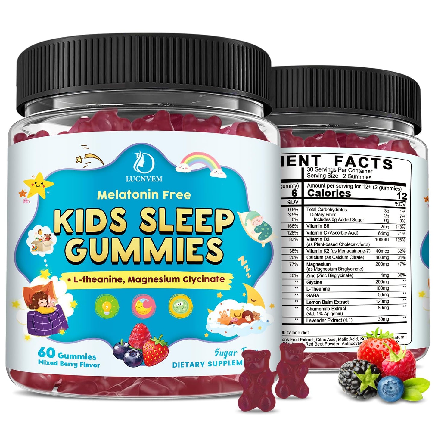 LUCNVEM Kids Sleep Gummies with Magnesium Bisglycinate – Melatonin-Free Bedtime Relaxation Support for Kids – L-Theanine, GABA, Chamomile & Lemon Balm – Sugar Free, 120 Gummies
