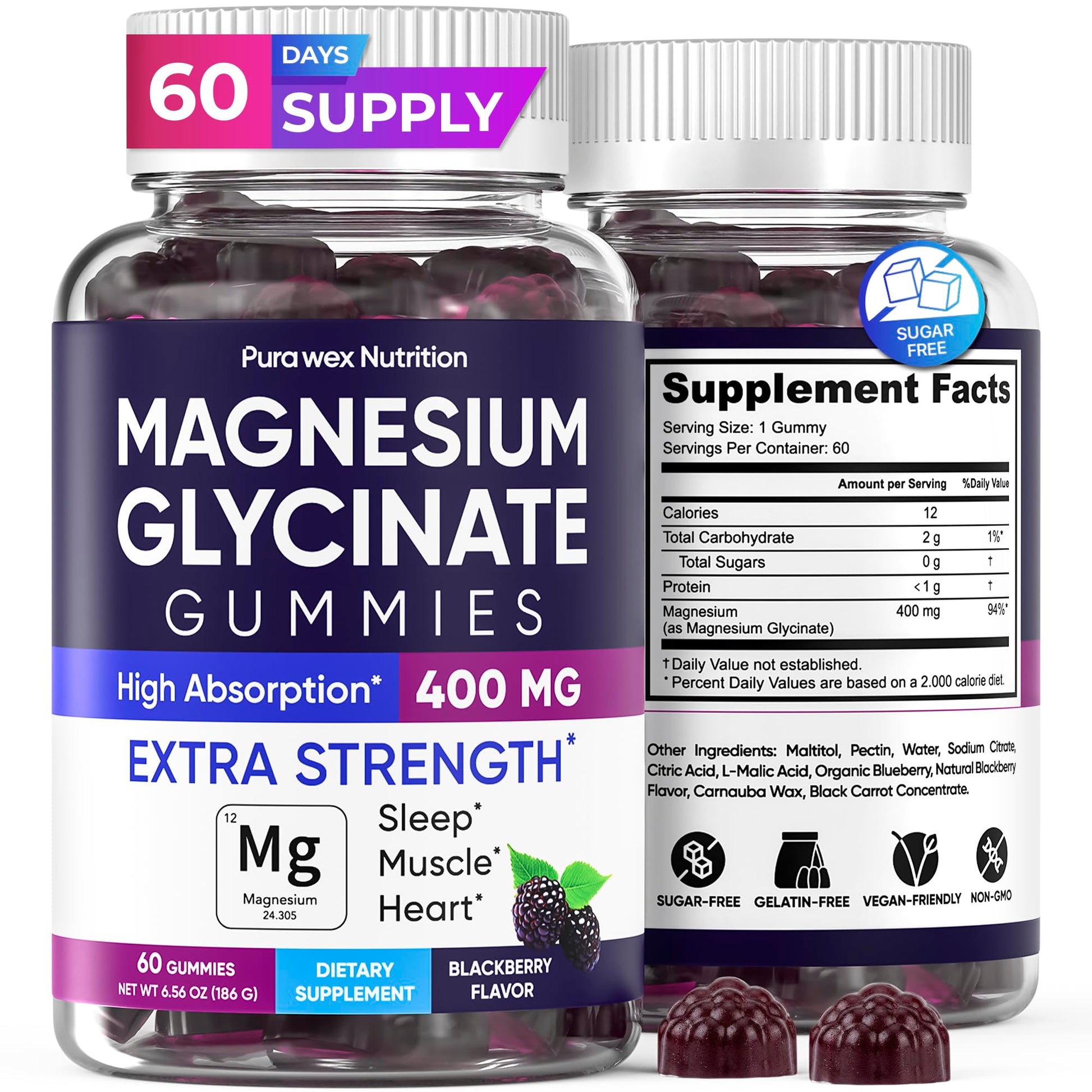 PURA WEX NUTRITION Magnesium Glycinate Gummies 400mg Extra Strength BlackBerry Flavor, 60 Count