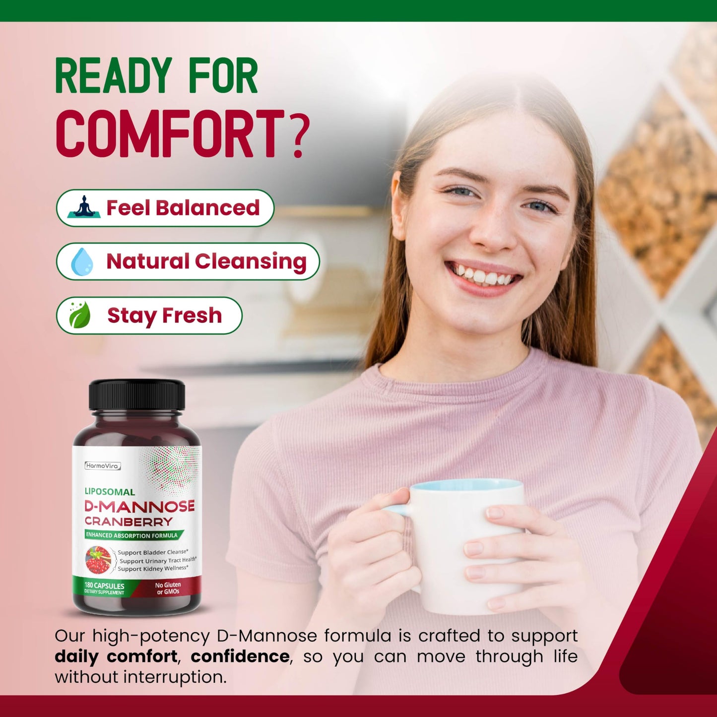 HarmoVira Liposomal D-Mannose Cranberry Supplement Capsules, 180