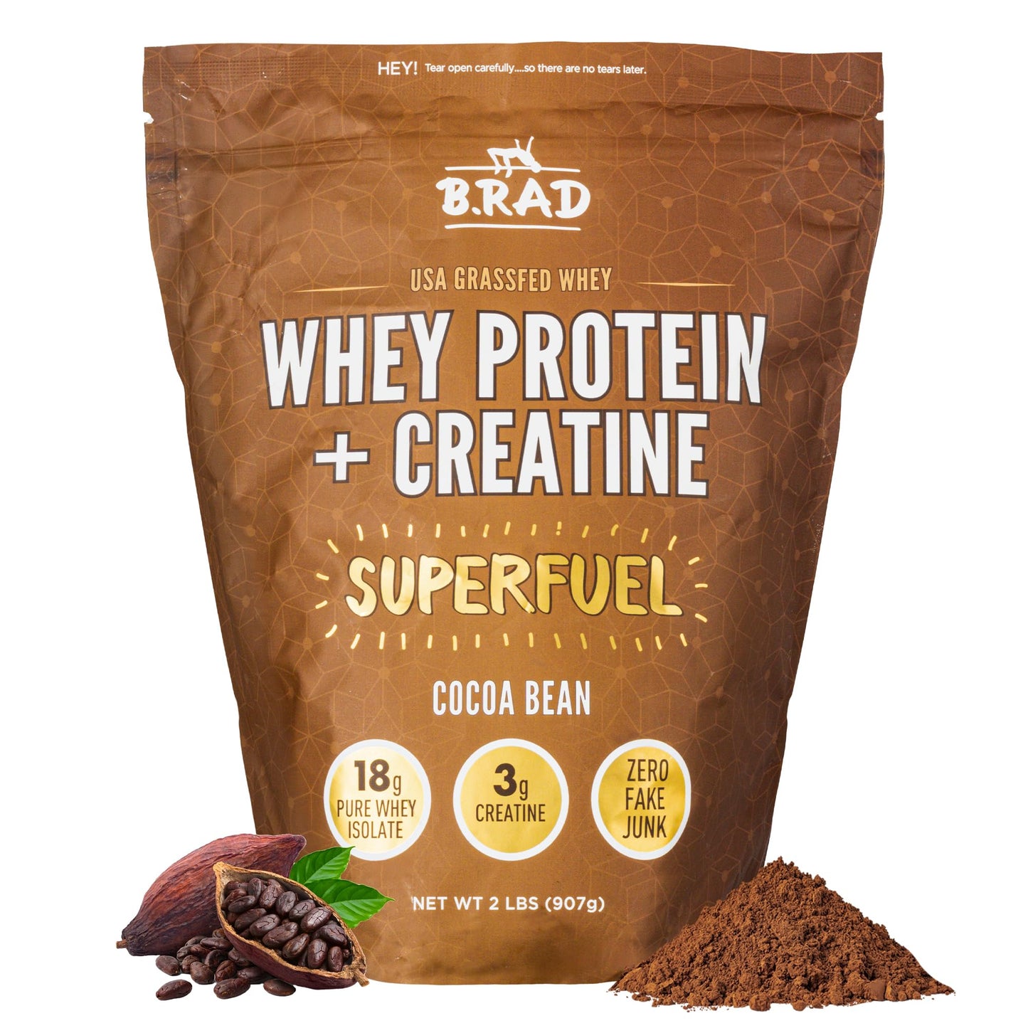 B.rad Superfuel Grass Fed Whey Protein Isolate with Creatine Powder, Cocoa Bean (Chocolate) Flavor, 2 lb, 32 Servings