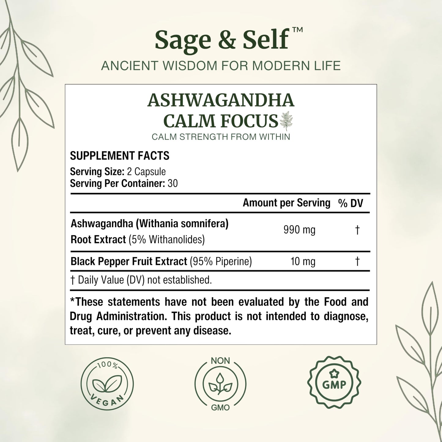 Sage & Self Ashwagandha Calm Focus Capsules 60 Count