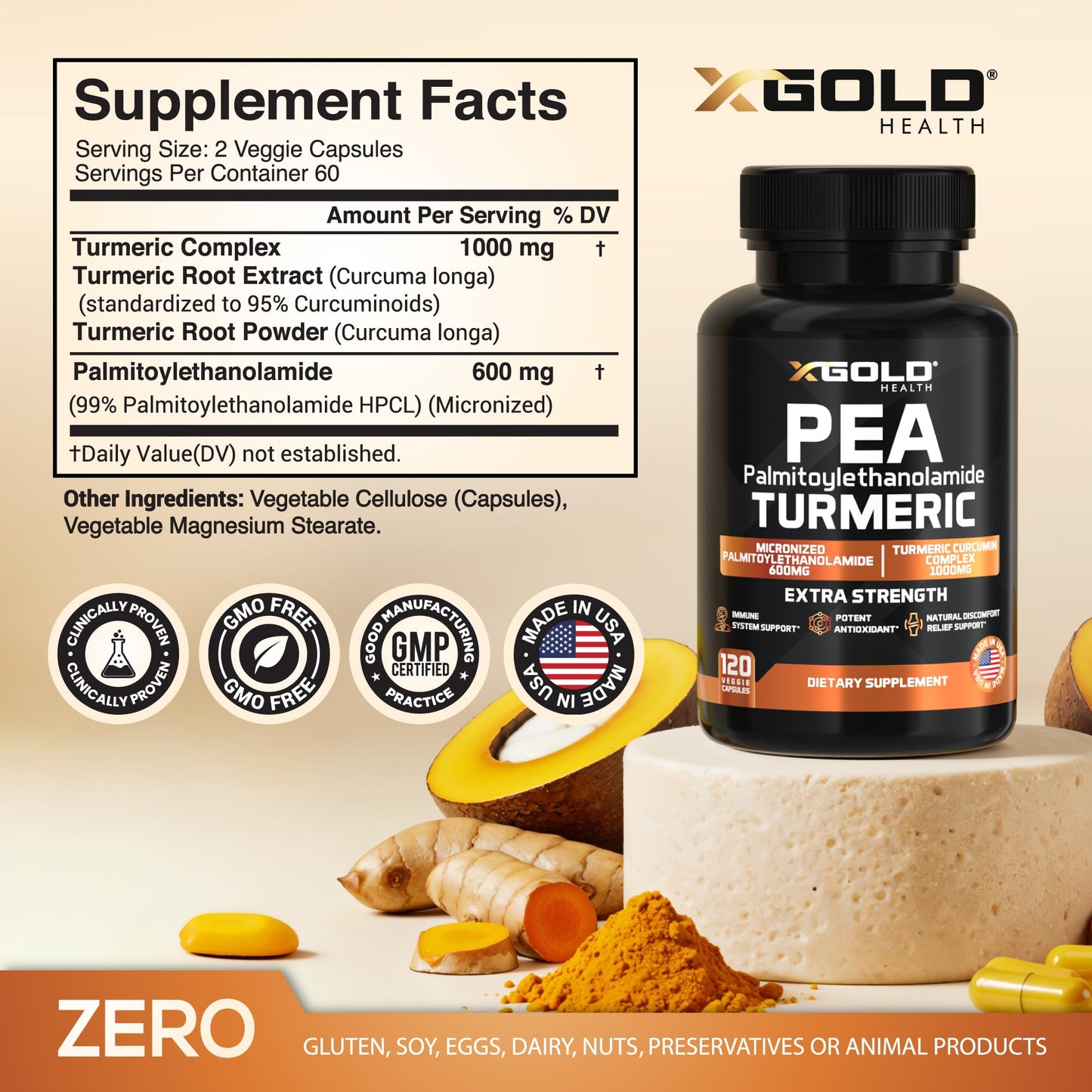 X Gold Health Pea Palmitoylethanolamide + Turmeric Curcumin 1600mg Micronized 99% Pure Pea & 95% Curcuminoids from Standardized Curcuma Longa Extract High Potency Joint & Mobility Support Non-GMO Made in USA Capsule, 120 Count