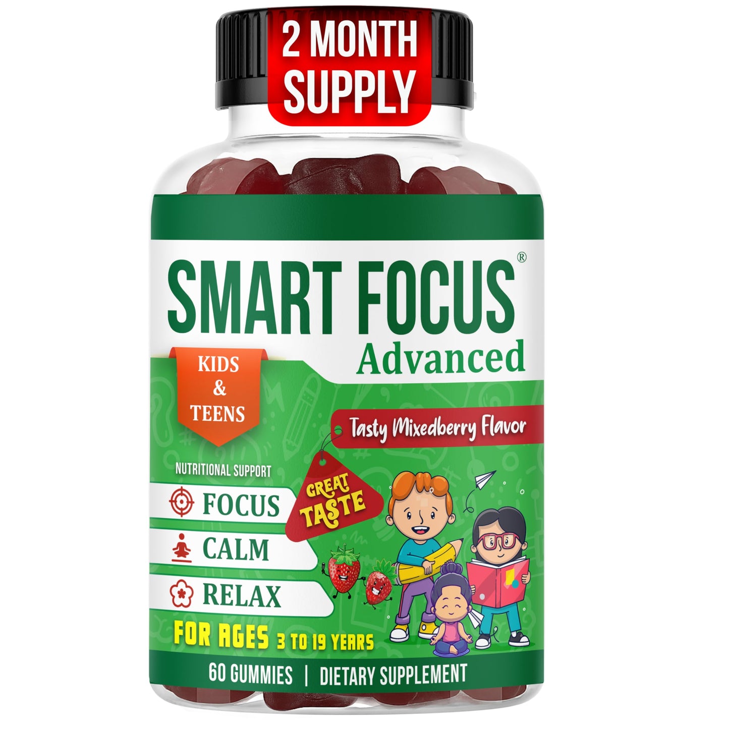 Smart Focus Calm and Focus Supplements for Kids & Teens Magnesium Calm Gummies for Mood & Relaxed Sleep, Natural Mixed Berry Flavor, 60 Gummies
