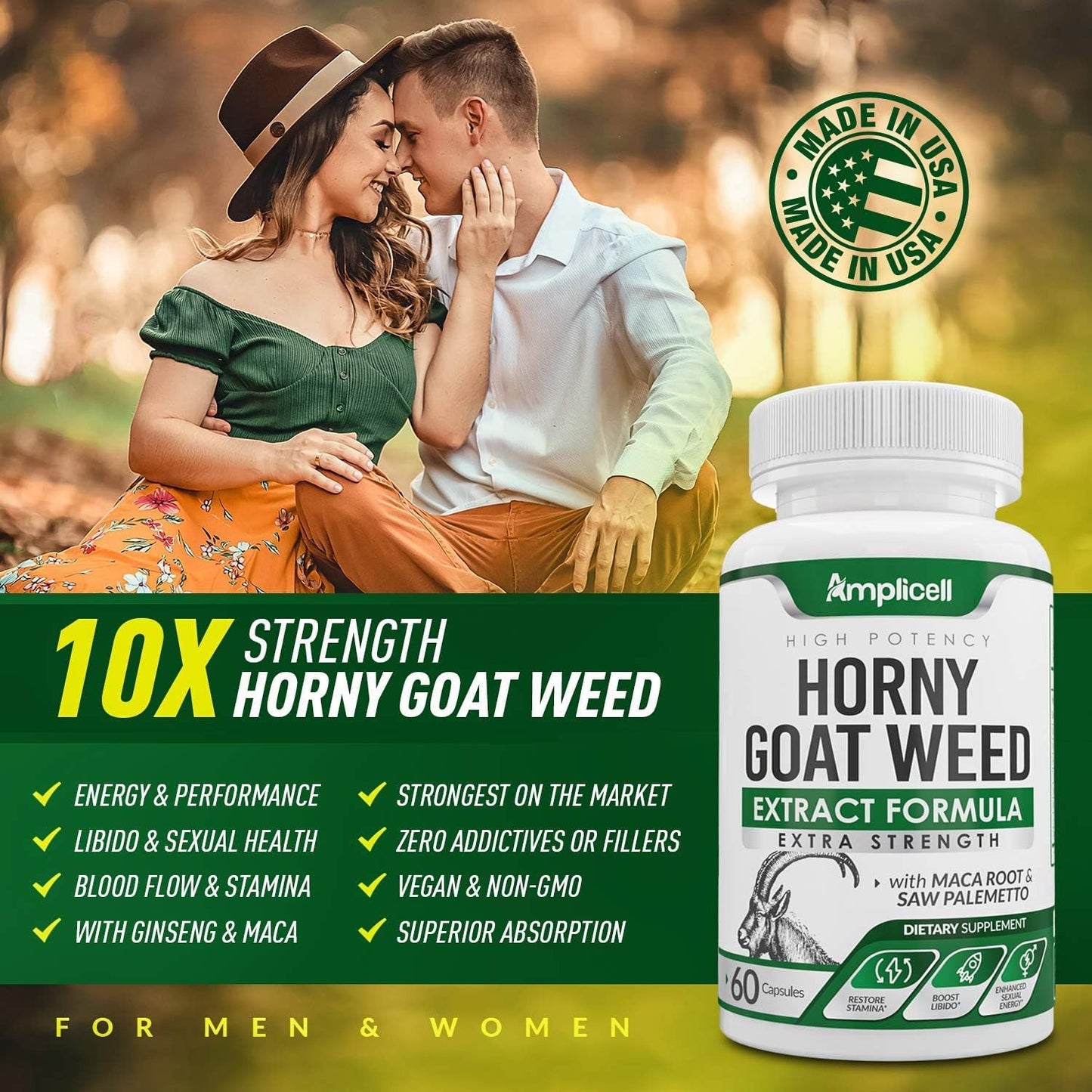 Amplicell Horny Goat Weed Complex Supplement with Maca Root, Tongkat Ali, L-Arginine & Panax Ginseng Capsules, 60 Count