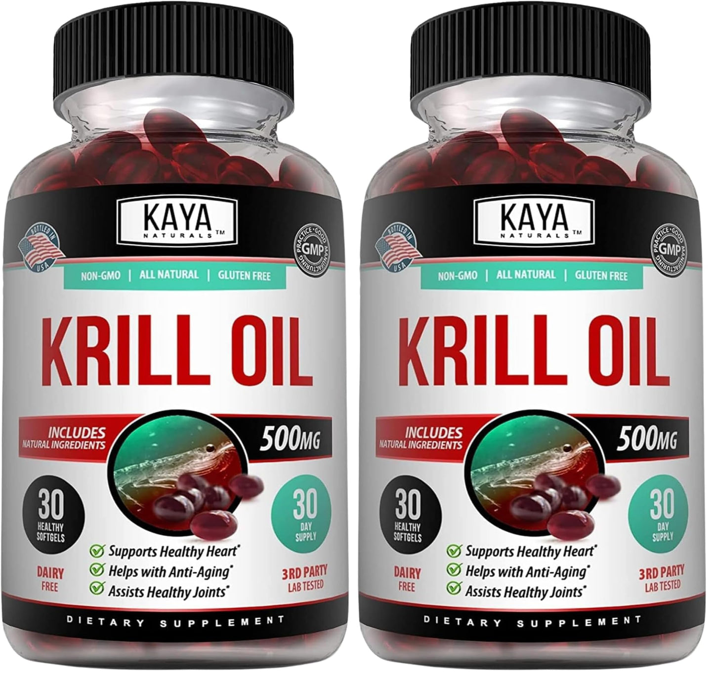 Kaya Naturals Antarctic Krill Oil 500mg with Omega-3, EPA, DHA, Phospholipids & Astaxanthin Softgels, 60 Count