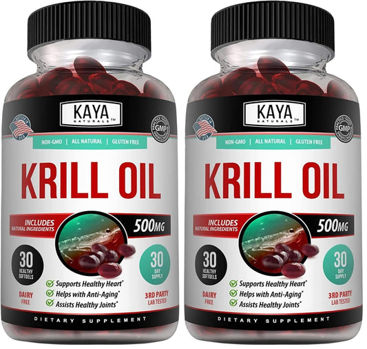Kaya Naturals Antarctic Krill Oil 500mg with Omega-3, EPA, DHA, Phospholipids & Astaxanthin Softgels, 60 Count