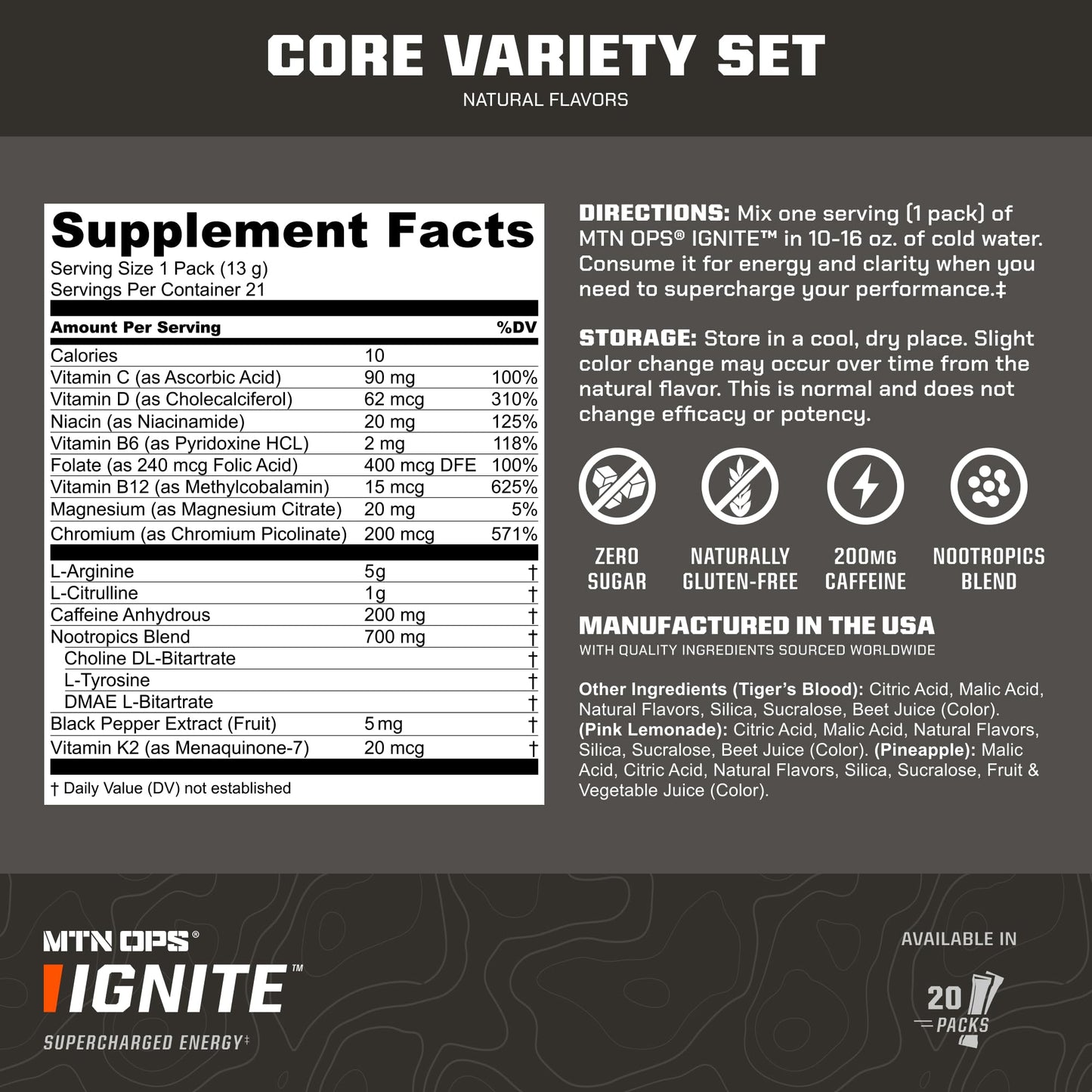 MTN OPS Ignite Energy Powder Zero Sugar Core Flavor Variety Pack 9.2 Trail Packs - 20 Sachets