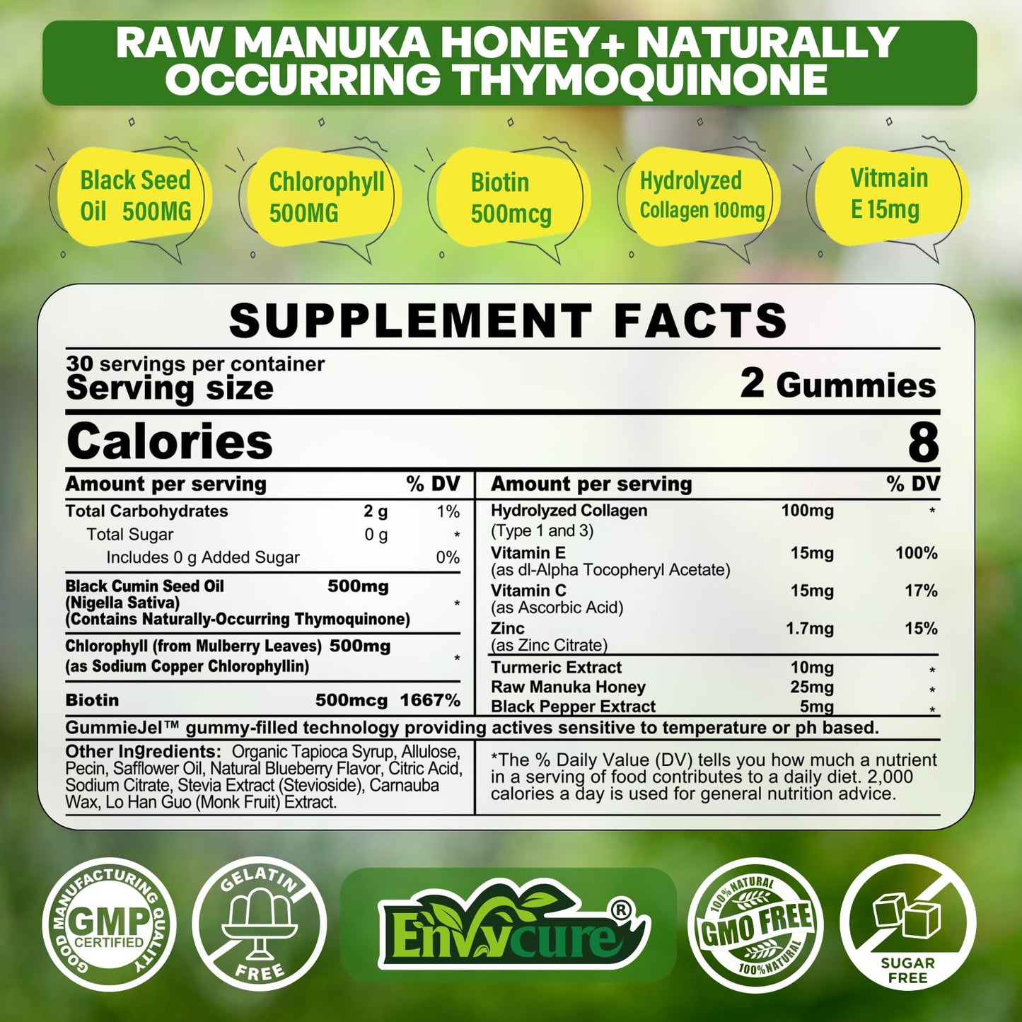 EnvyCure Black Seed Oil Gummies with Chlorophyll, Biotin 500mcg, Hydrolyzed Collagen, Raw Manuka Honey, Organic Cold Pressed - Ultimate Absorption for Skin, Hair & Nails, Digestive, Overall Health, 60 Gummies