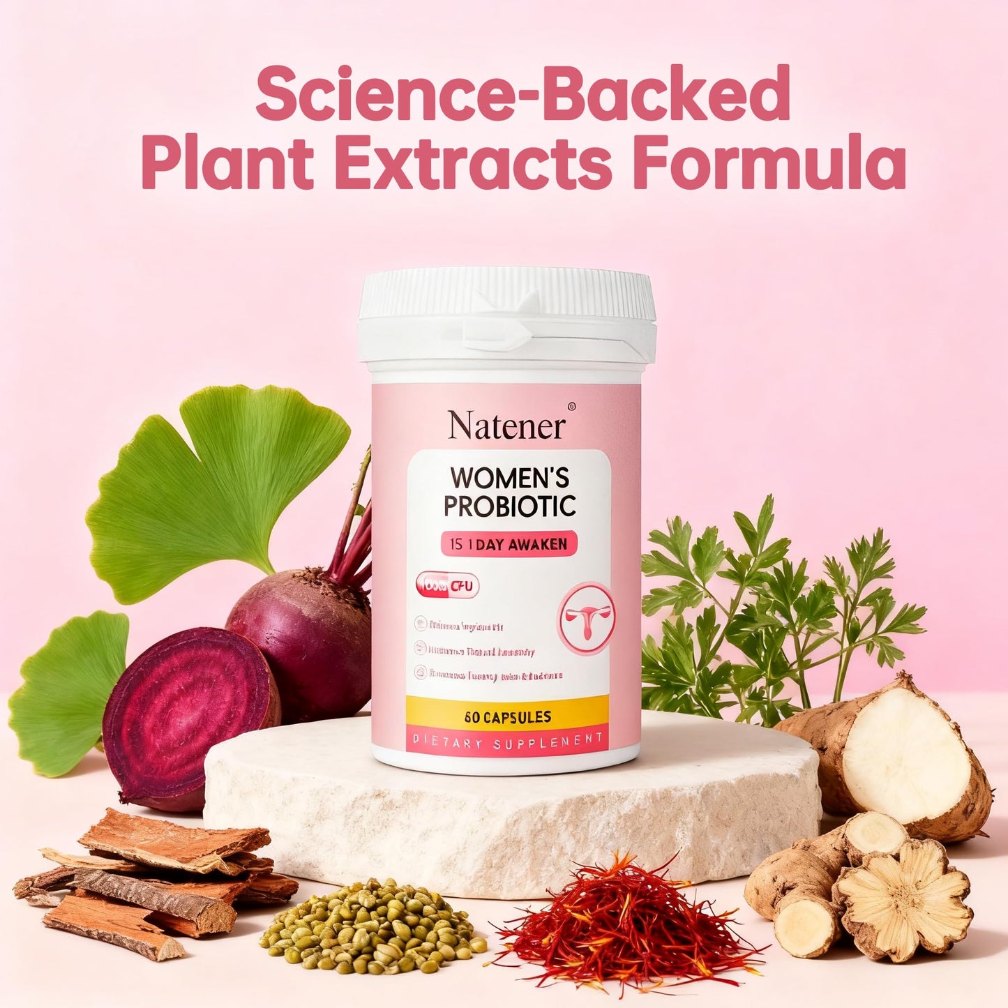 Natener Vaginal Probiotics for Women 200 Billion CFUs with Slippery Elm & Maca Root, 60 Capsules
