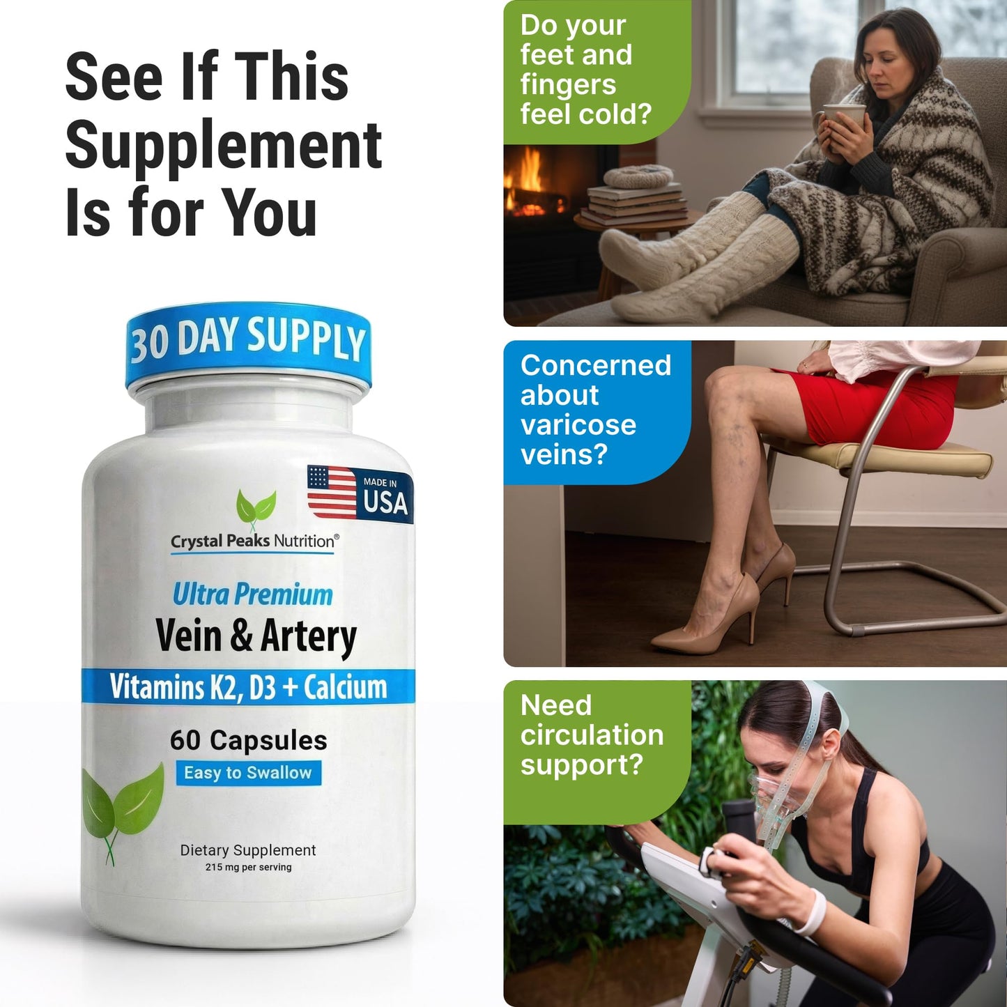 Crystal Peaks Nutrition Vein & Artery Supplement – Blood Flow Support with Calcium – Capsules, 60 Count