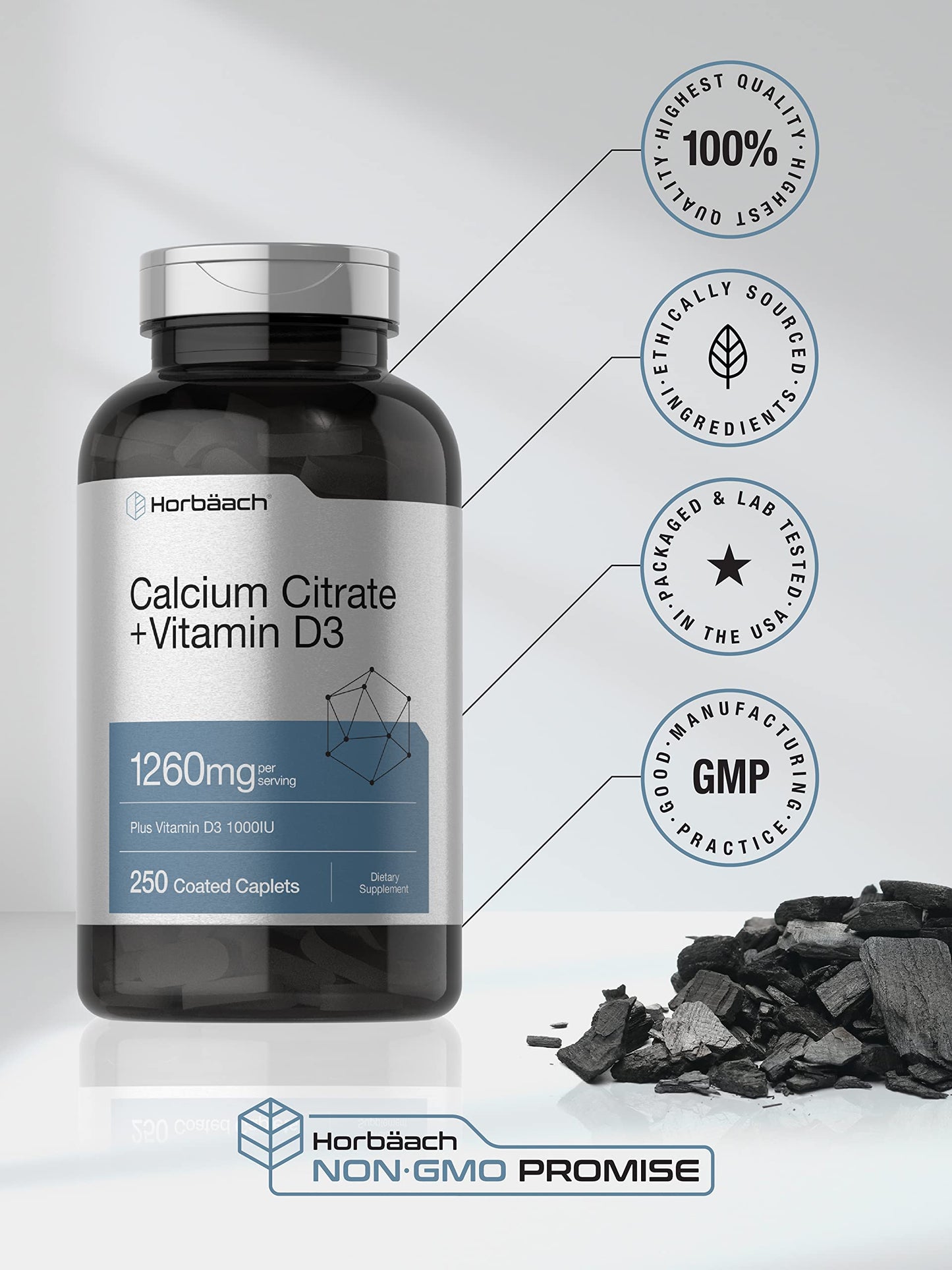 Horbäach Calcium Citrate with Vitamin D3 1260 mg Caplets 250 Count