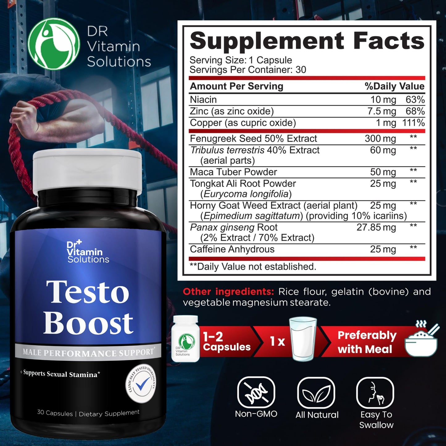 DR VITAMIN SOLUTIONS Testosterone Booster Capsules, 30 Count