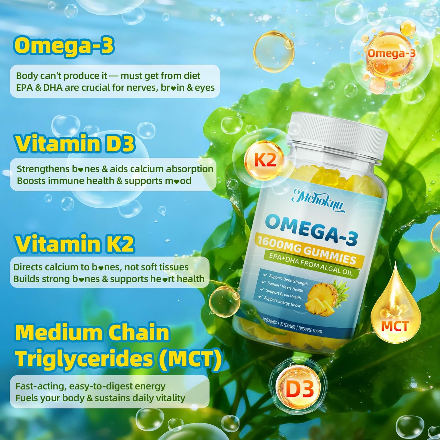 Mchokuu Vegan Omega-3 Gummies 1600mg EPA & DHA from Algal Oil, Vitamin D3 & K2 for Brain, Eye & Immune Health, Sugar Free Pineapple, 120 Count