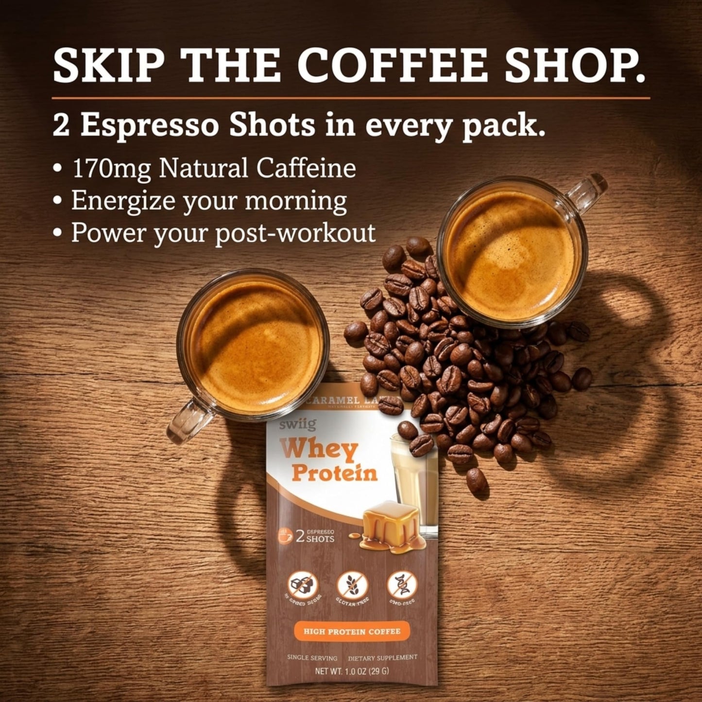 swiig Whey Protein Powder Caramel Latte Single-Serve Packets 10 Count
