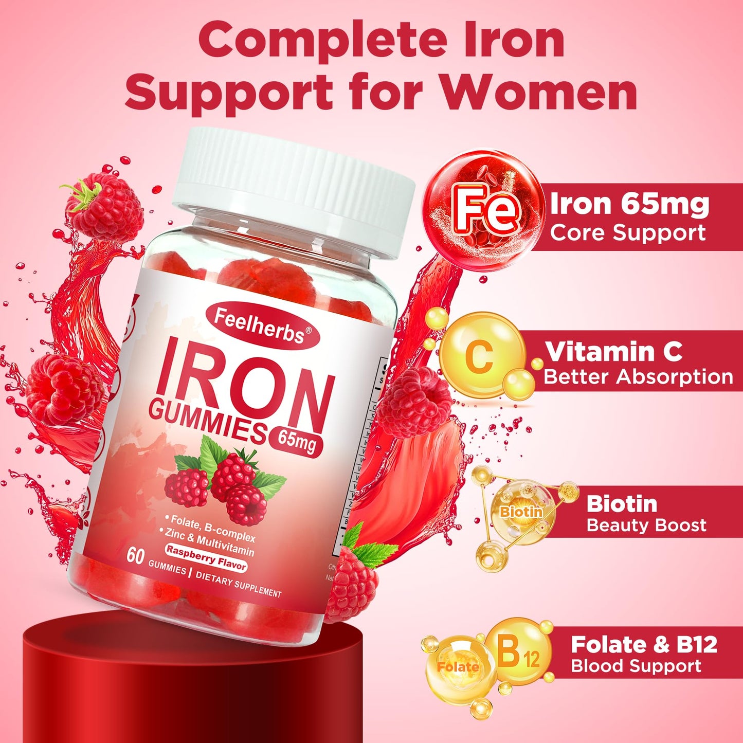 Feelherbs Iron Gummies for Women with Multivitamin, Raspberry Flavor, Vegan Iron Vitamin Gummy with Folate and B Complex, 60 Gummies