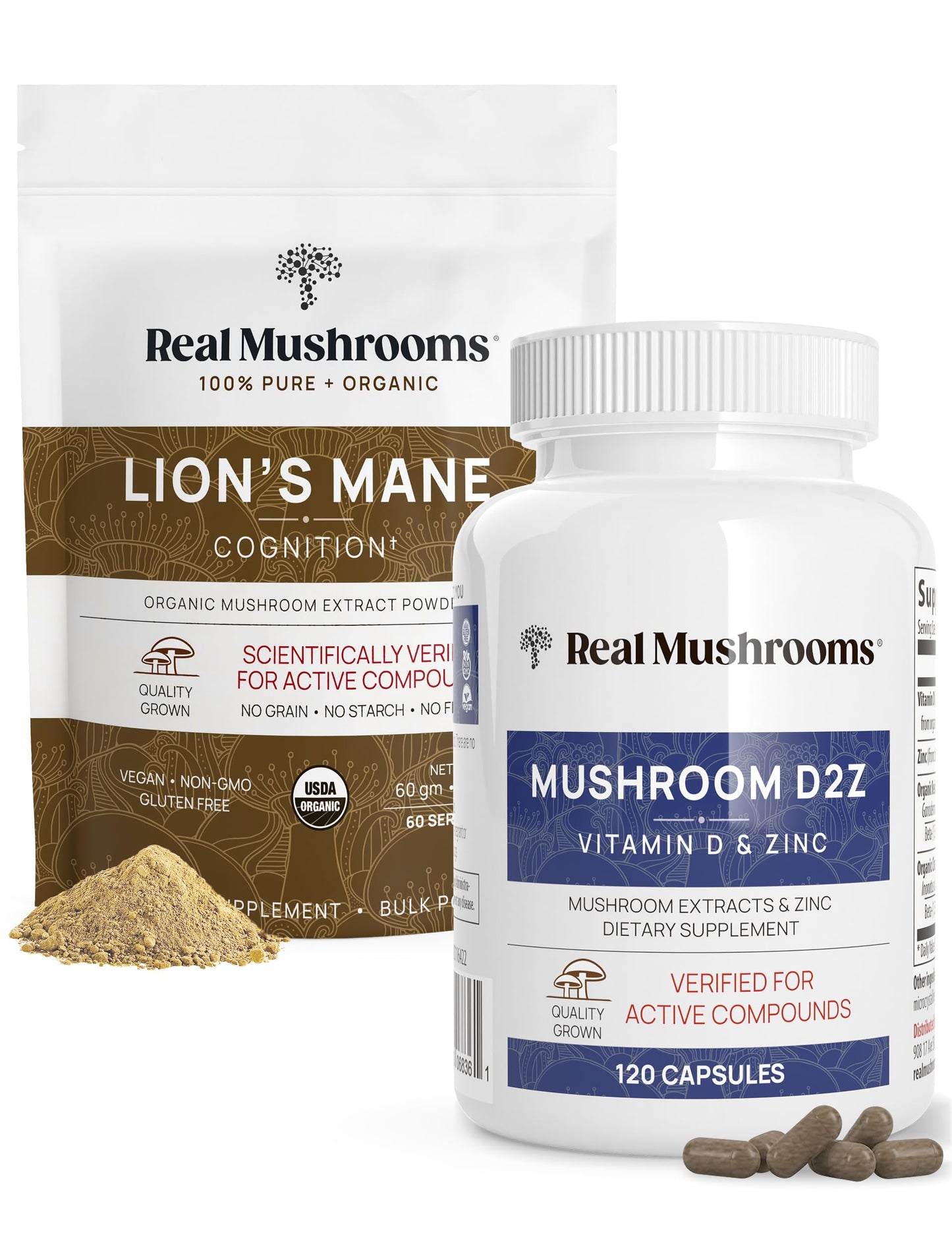 Real Mushrooms Vitamin D2, Chelated Zinc, Chaga, Reishi and Organic Lion's Mane Powder, Immunity and Cognitive Support, 2-Pack