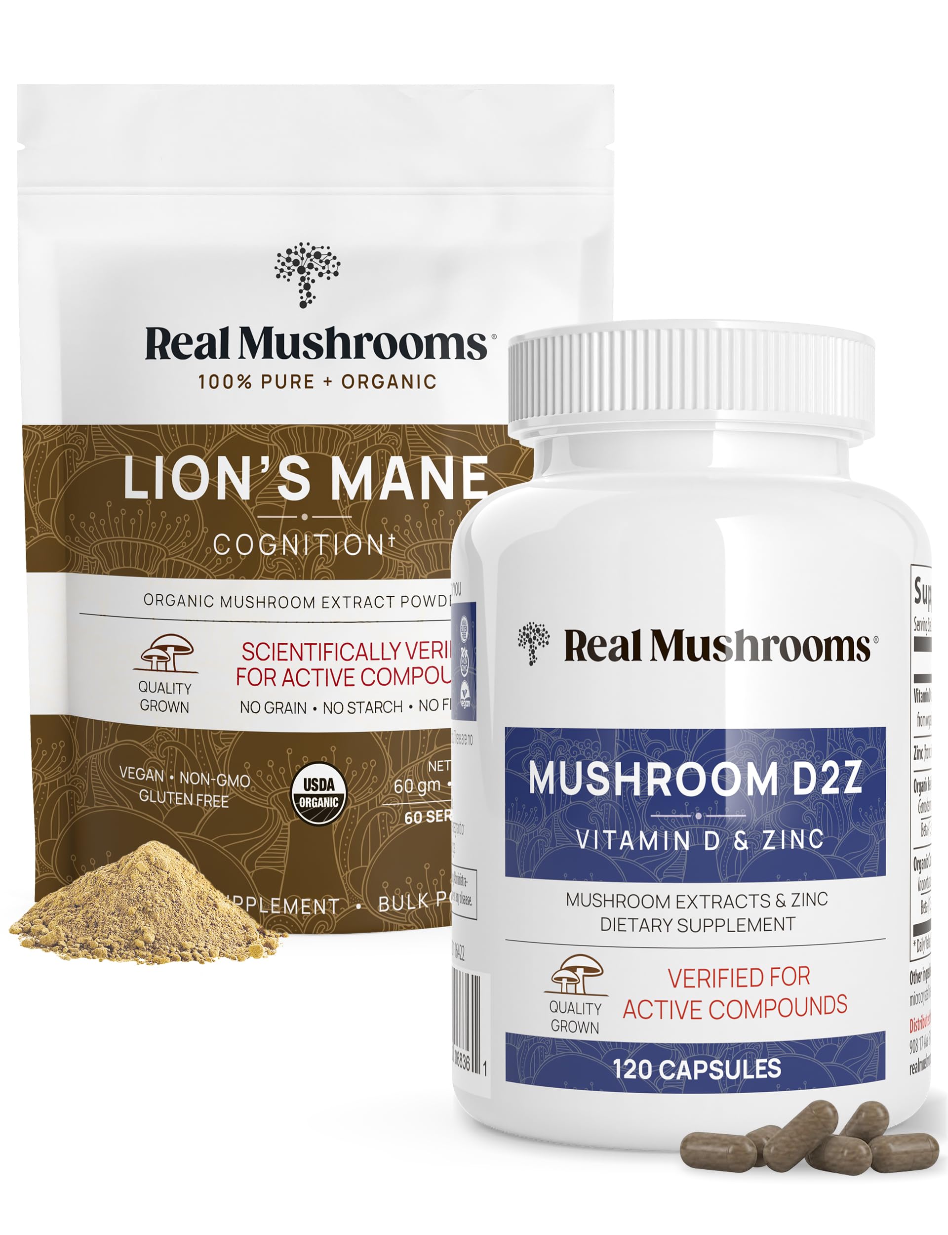 Real Mushrooms Vitamin D2, Chelated Zinc, Chaga, Reishi and Organic Lion's Mane Powder, Immunity and Cognitive Support, 2-Pack