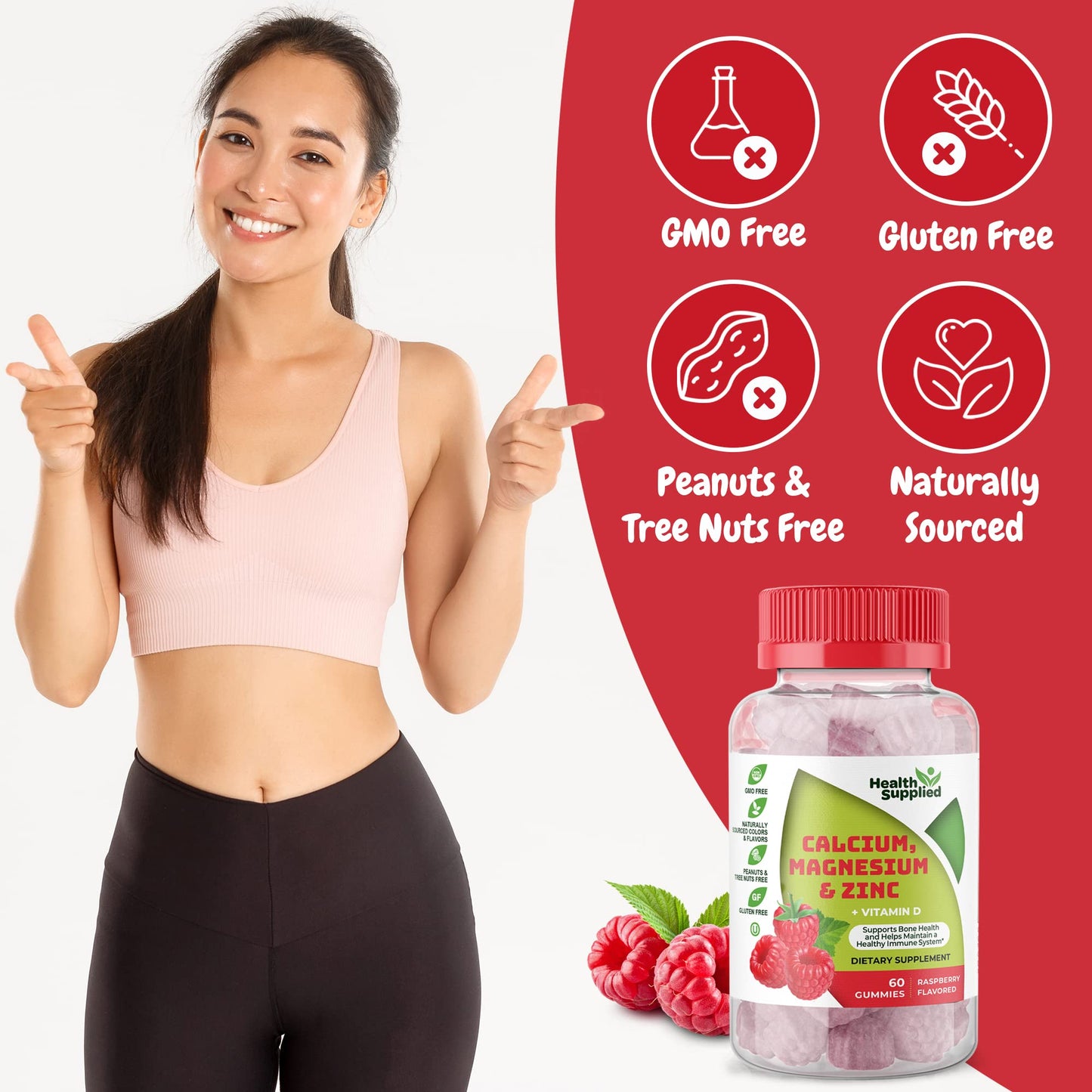 Health Supplied Calcium Magnesium & Zinc + Vitamin D Gummies, 60 Gummies