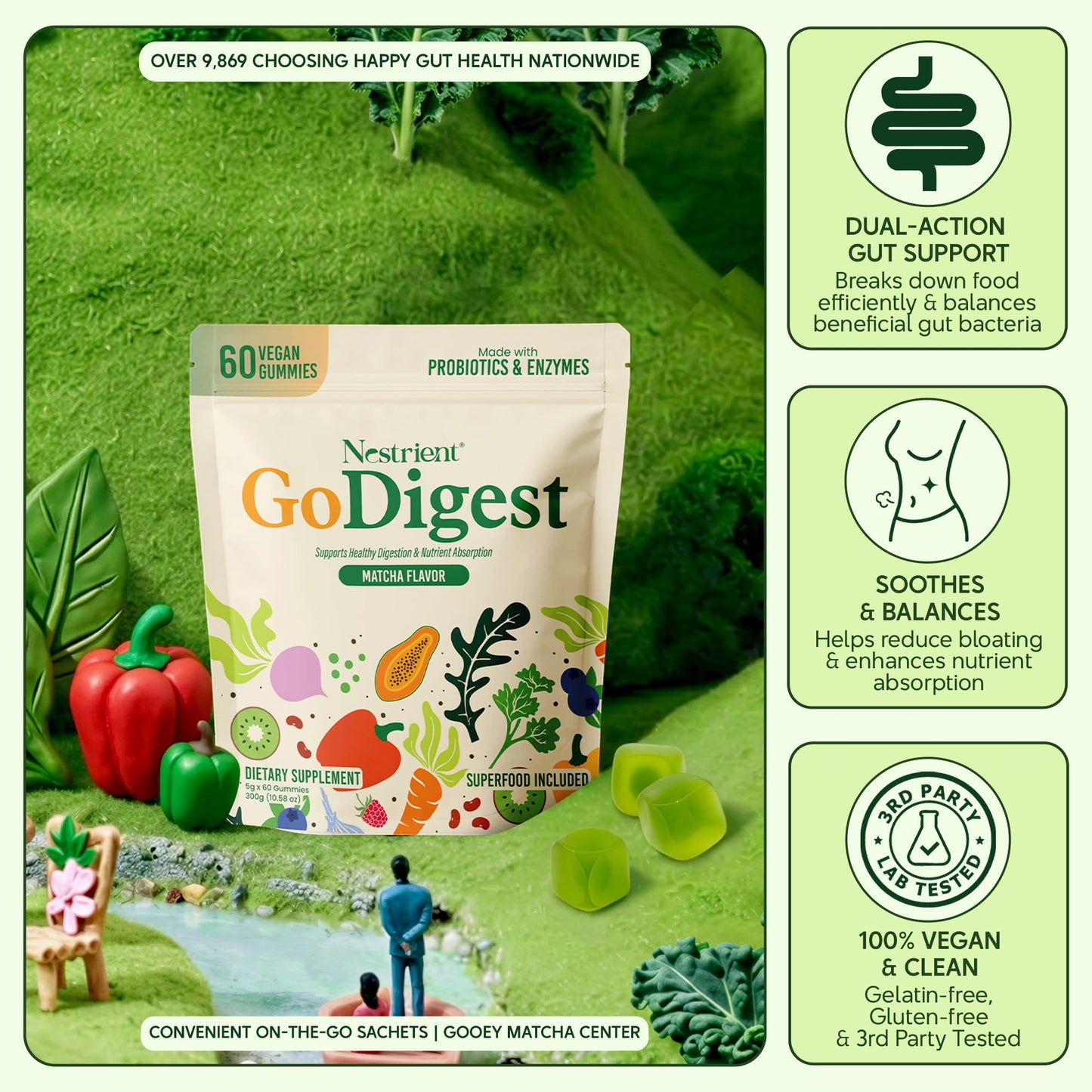 Nestrient GoDigest Probiotics & Digestive Enzymes Gummy, Matcha, 60 Count