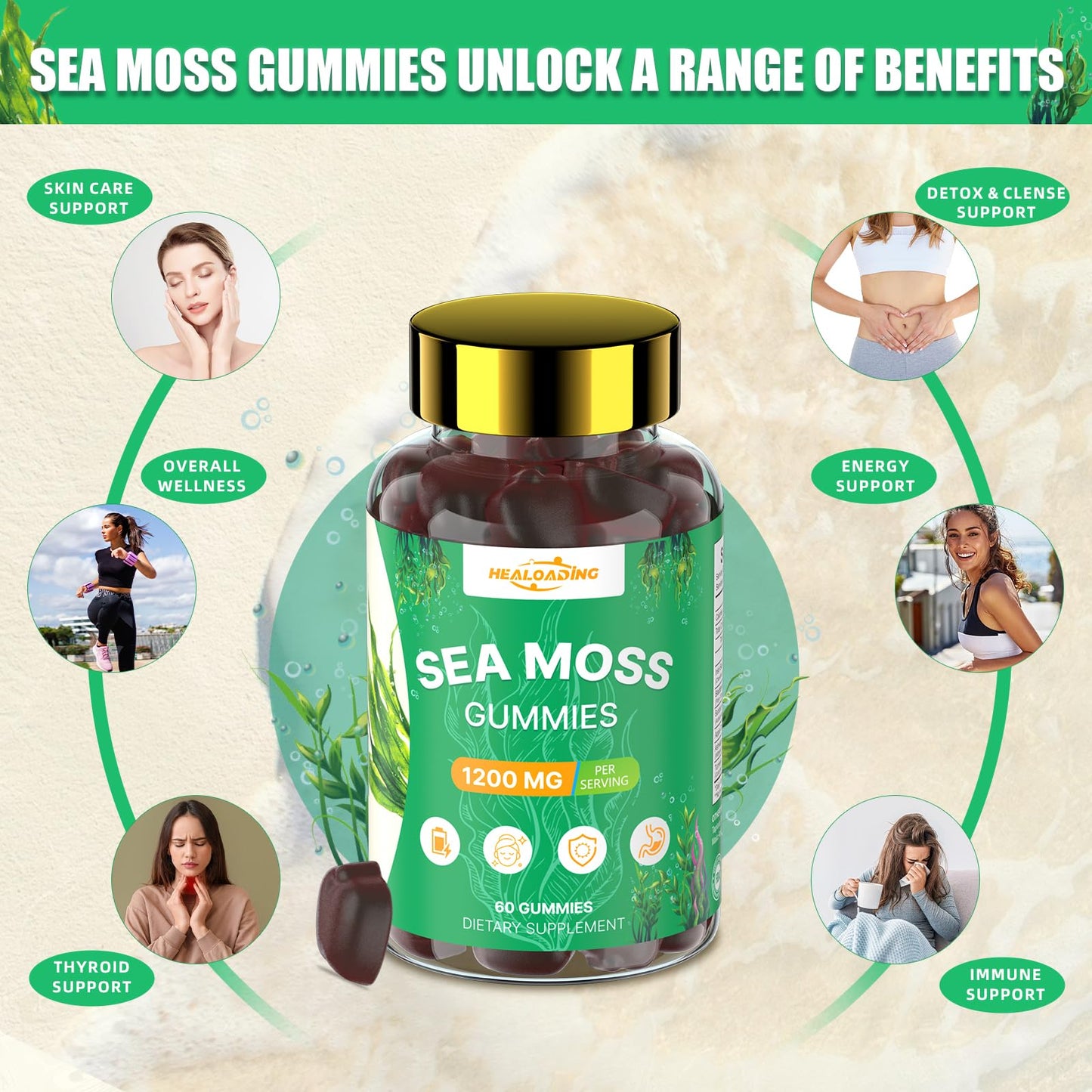 HEALOADING Irish Sea Moss Gummies with Bladderwrack, Burdock Root & Ashwagandha, 60 Gummies