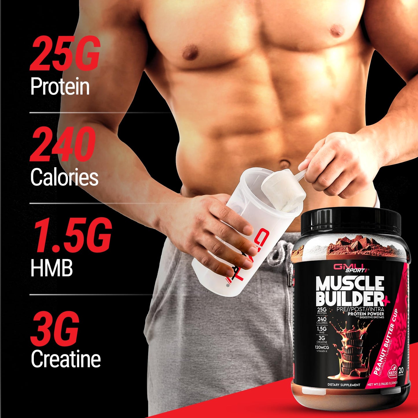 GMU SPORT Muscle Builder+ Protein Powder, 20 Servings