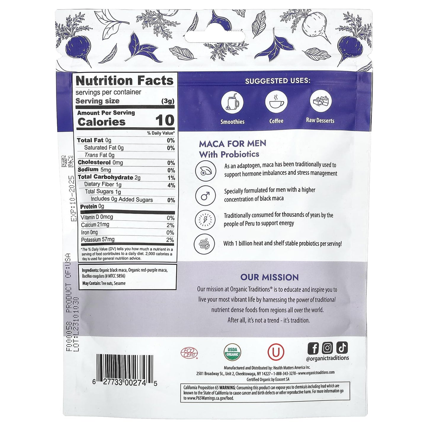 Organic Traditions Maca for Men with Probiotics Powder, 1 Count