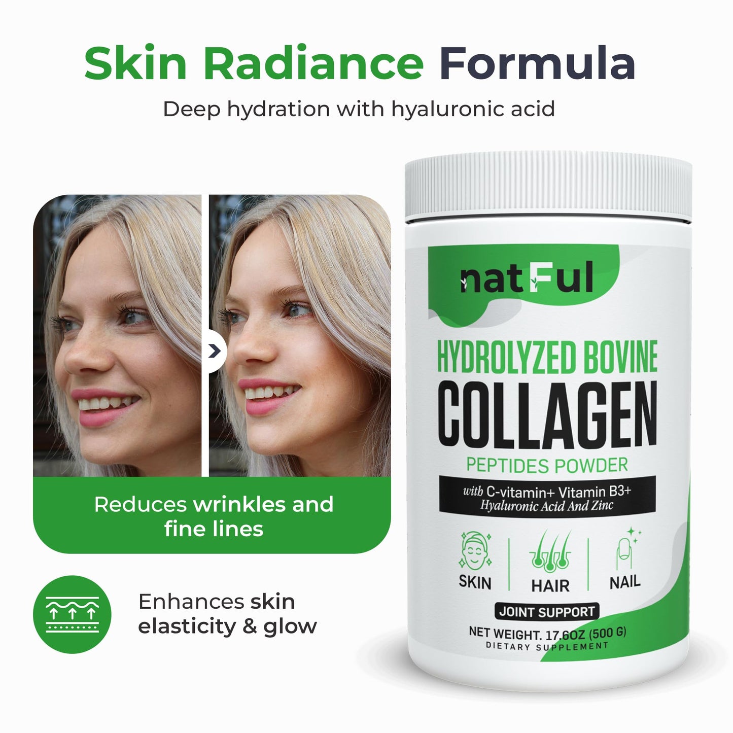 NATFUL Collagen Peptides Powder – Hydrolyzed Bovine Collagen with Vitamin C, Hyaluronic Acid, Zinc & B3 – Type 1 & 3 Unflavored Protein Powder for Women & Men Hair, Skin, Nails, Joints, 17.6 oz