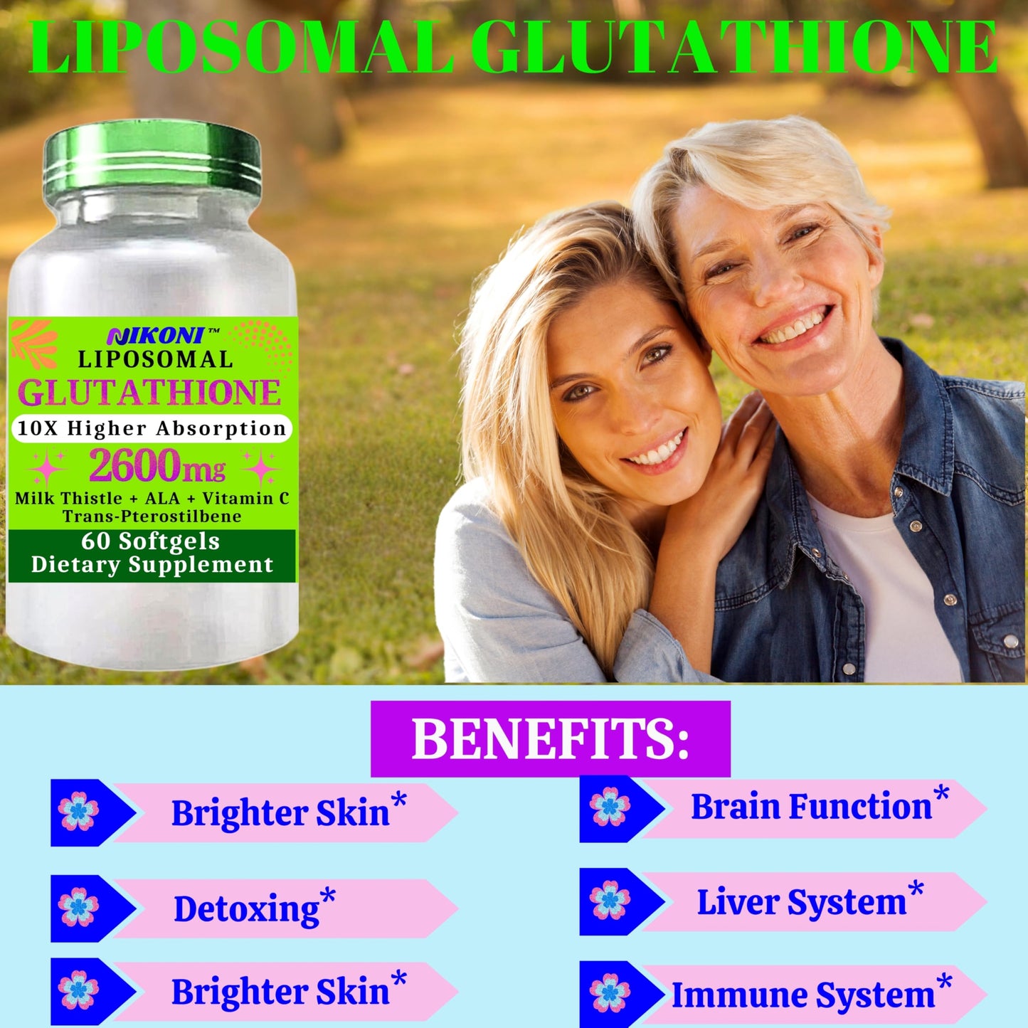 Nikoni Liposomal Glutathione 2600 mg Softgels, High Absorption Formula, Supports Detox and Immune Support, 240 Softgels