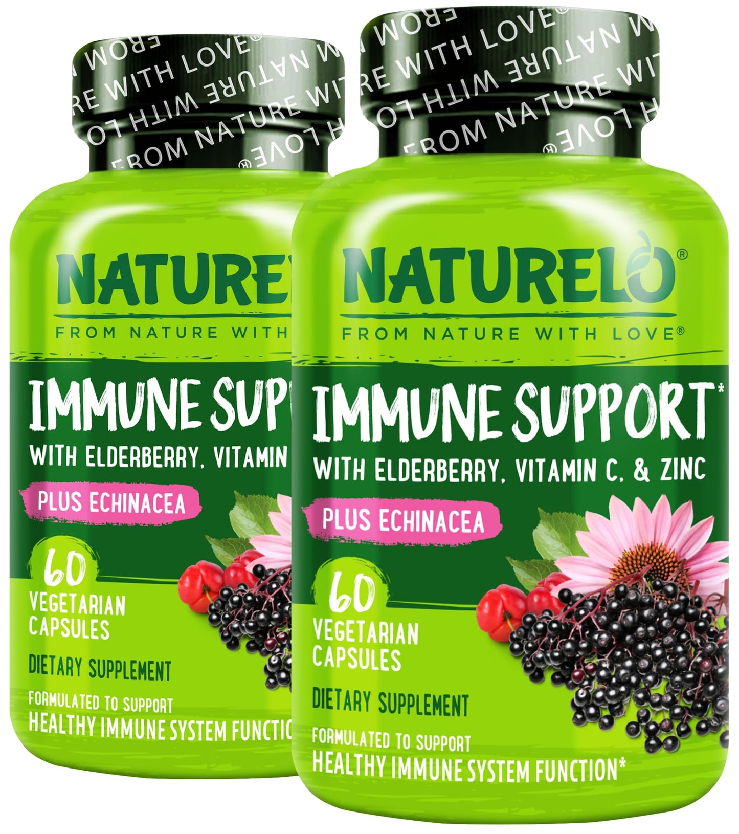 NATURELO Immune Support – Vitamin C, Elderberry, Zinc, Echinacea – Natural Immunity Boost w/Antioxidant, Herbal & Mineral Defense, 120 Capsules