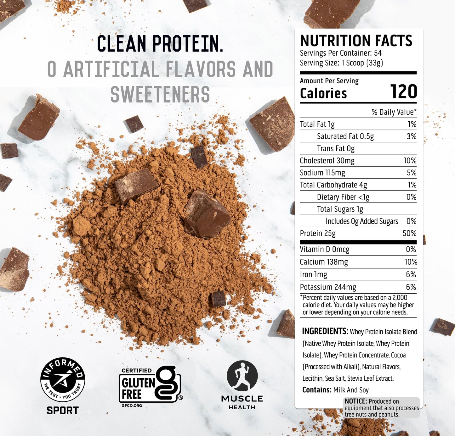 Ascent 100% Whey Protein Powder - Post Workout Whey Protein Isolate, Chocolate, 64 Servings