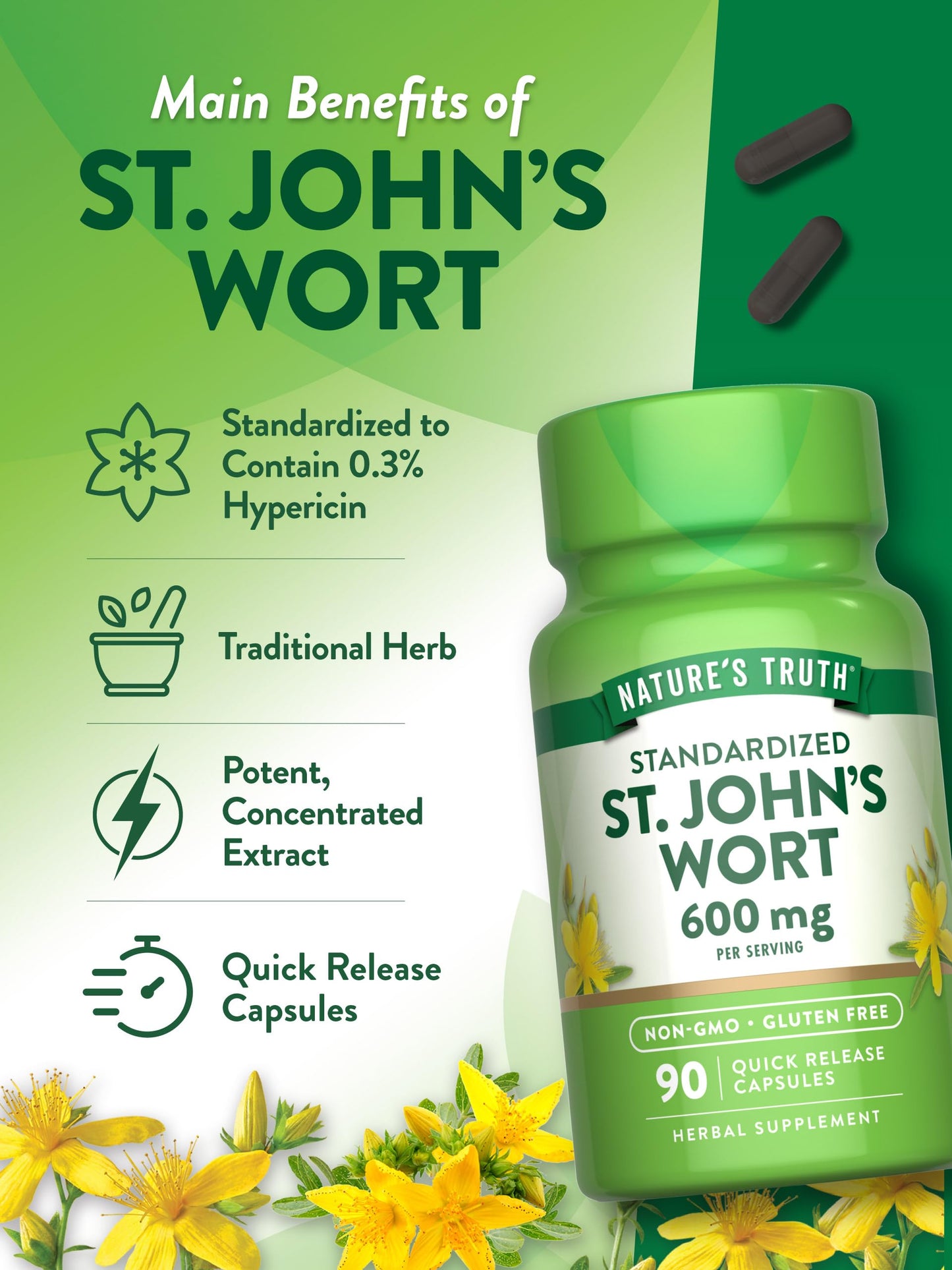 Nature's Truth St Johns Wort 600mg Capsules, 90 Count