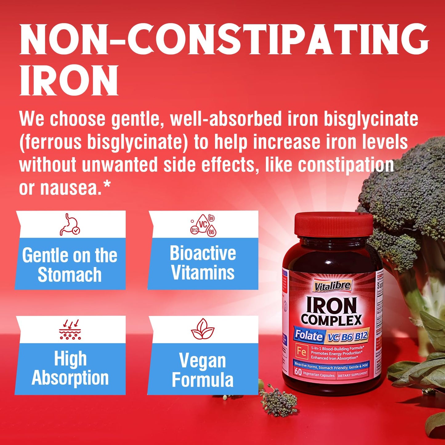 Vitalibre Iron Complex Supplement & Akkermansia Muciniphila Probiotic 1 Billion TFU, 90 Capsules