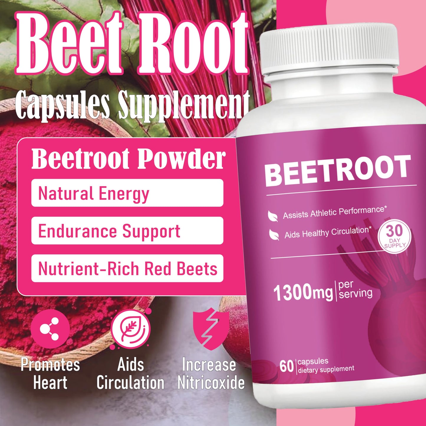 LIMYGOO Beet Root Capsules 1300mg Beetroot Powder for Natural Energy & Endurance Support, Non-GMO, 60 Capsules