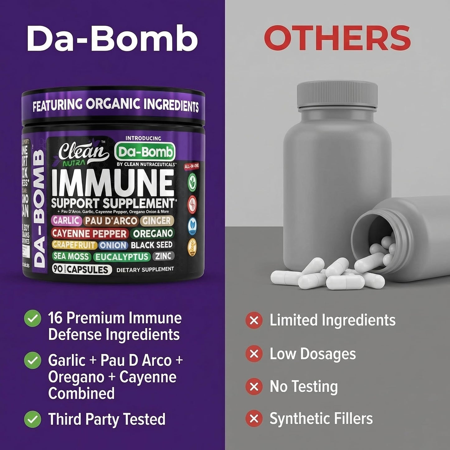 Clean Nutraceuticals Organic Immune Support with PAU D'Arco Garlic Cayenne Pepper Oregano Ginger Grapefruit Onion Black Seed Sea Moss Black Pepper Zinc Eucalyptus Vitamin C Vitamin D Organic Soursop Capsules 90